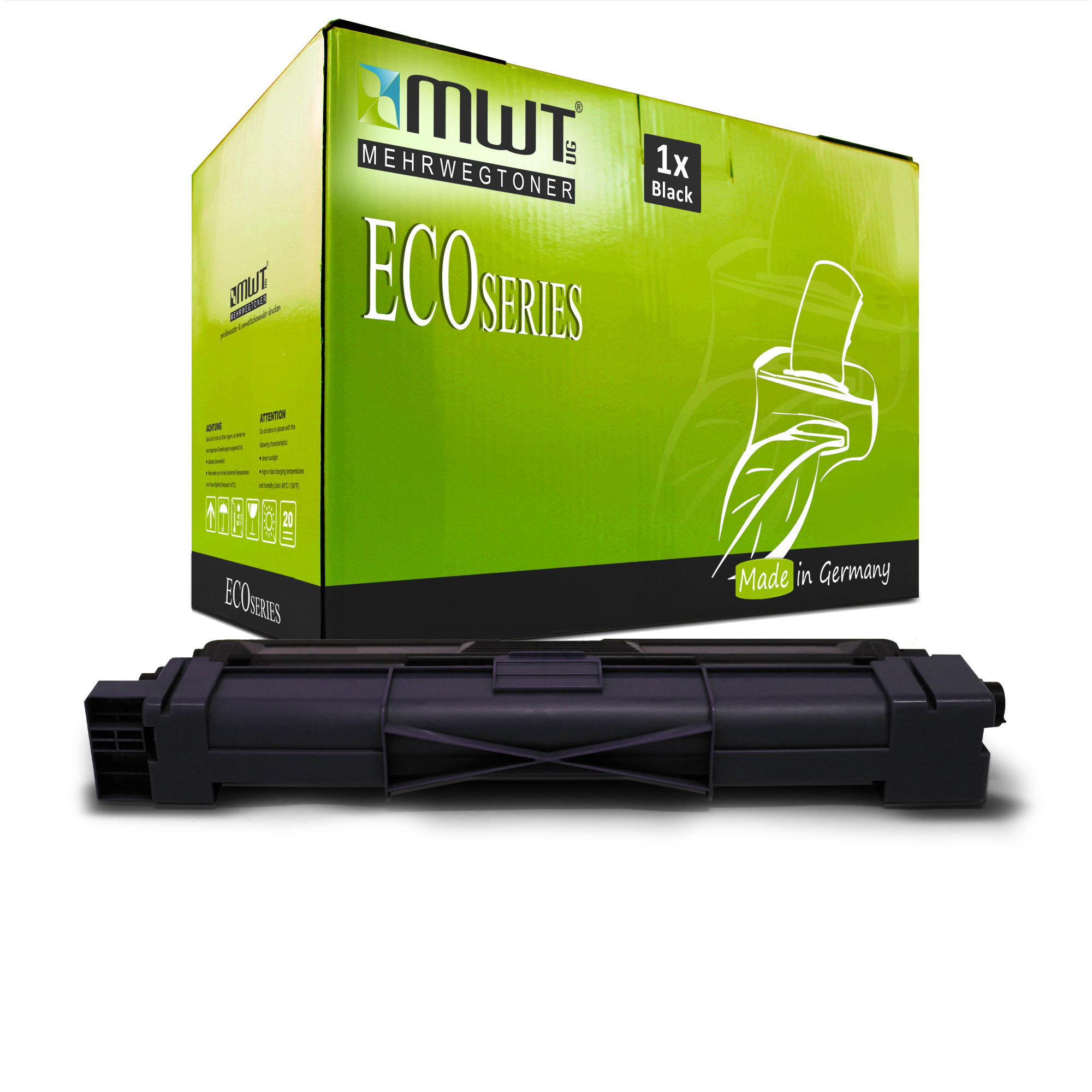 Grüne und schwarze Tonerkartuschenbox mit einer schwarzen Tonerkartusche. "ECO SERIES" und "Made in Germany".
