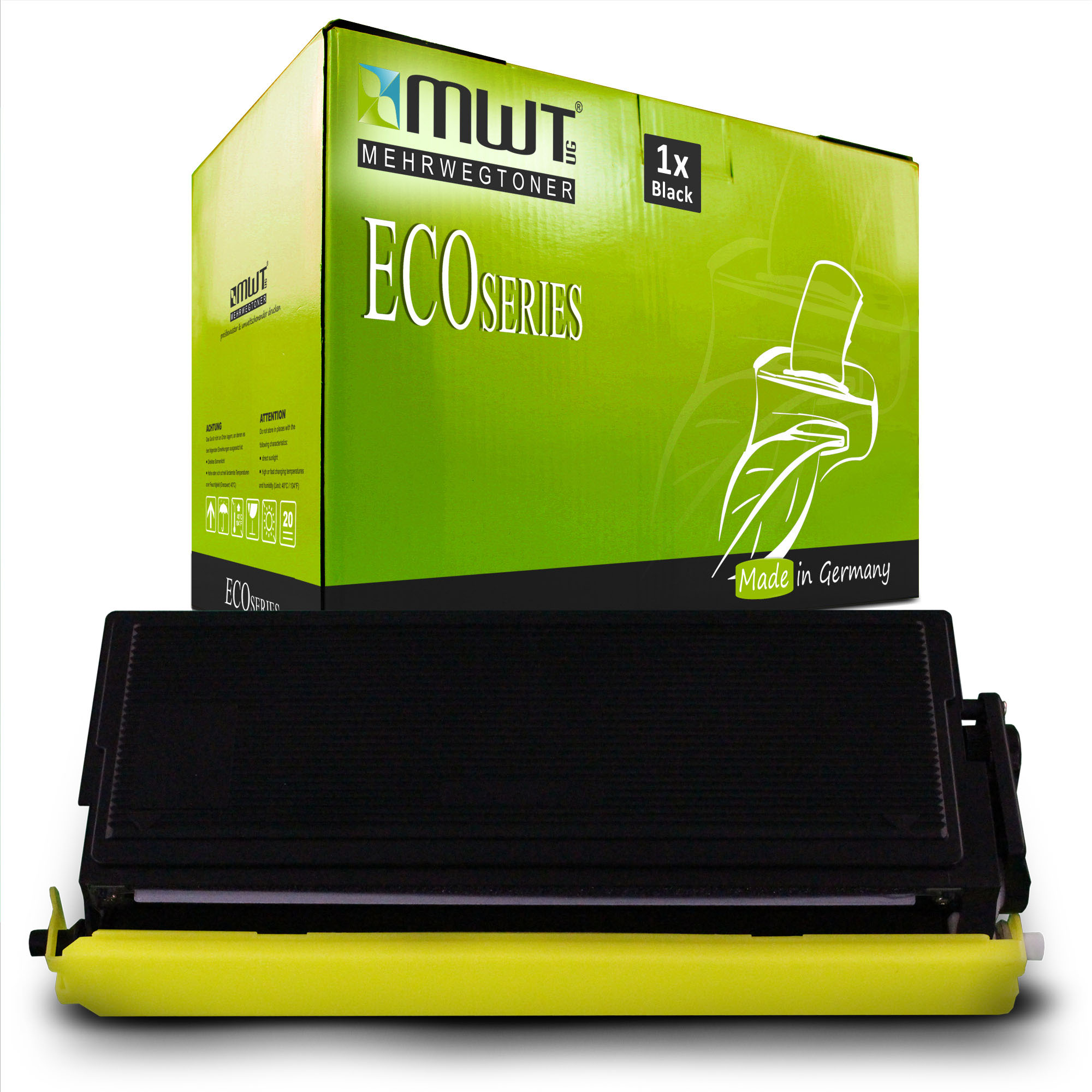 Grüne und schwarze Schachtel mit ECO-Serie-Toner mit gelbem Toner. Weißer Hintergrund.