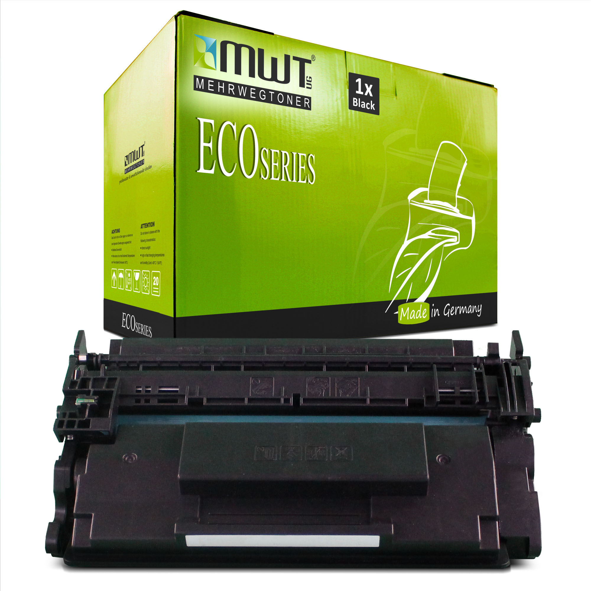 Grün-schwarzer Tintenpatronenkarton mit 'ECO Series' und einer Patrone.