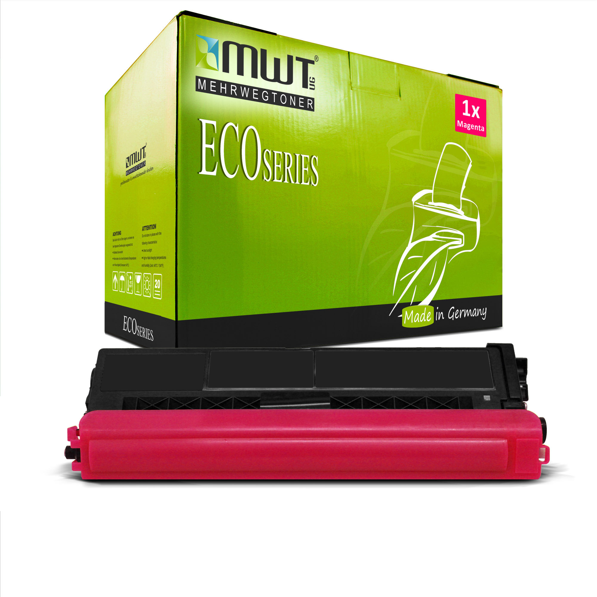Magenta-Tintenpatrone und -Box. Die Box ist grün und trägt die Aufschrift ECO SERIES.