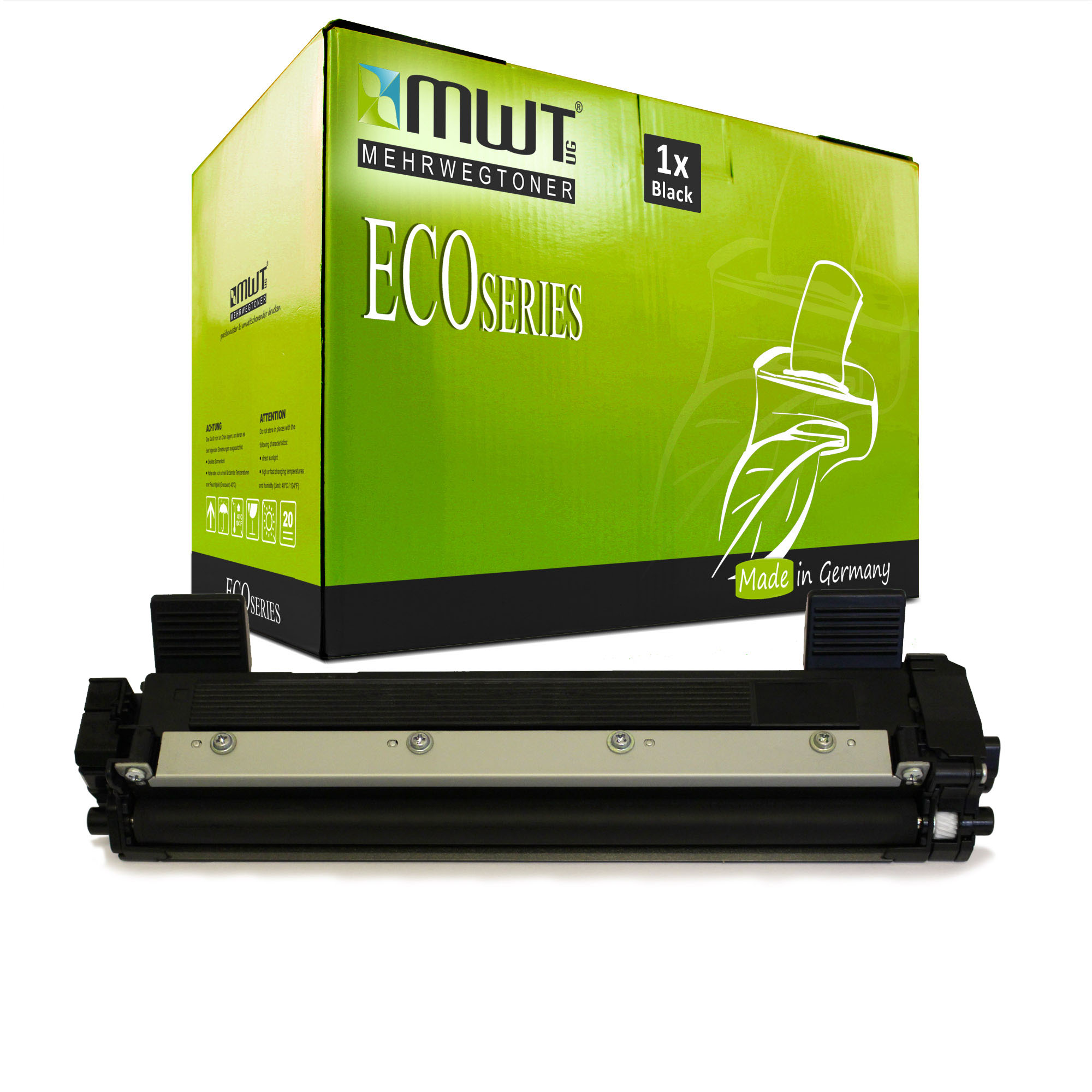 Eco-Serie Tintenpatrone und -box. Die Box hat einen grünen Hintergrund und Text Made in Germany.