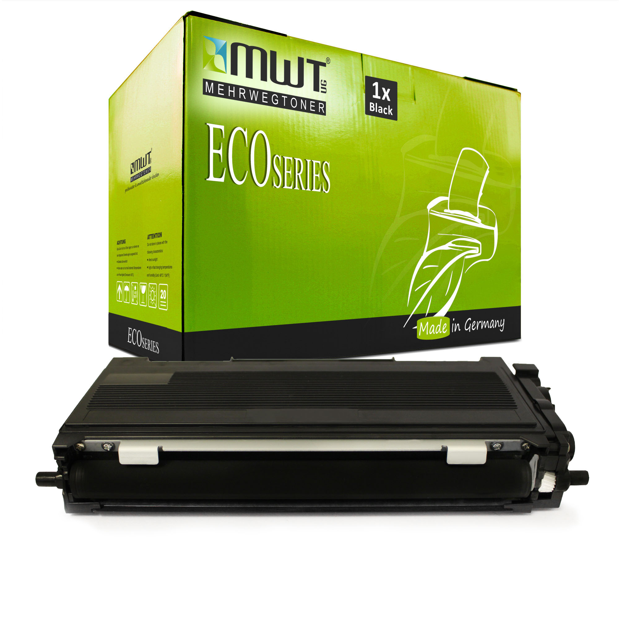 Grüne und schwarze Schachtel mit ECO-Serie-Toner. Weißer Hintergrund.