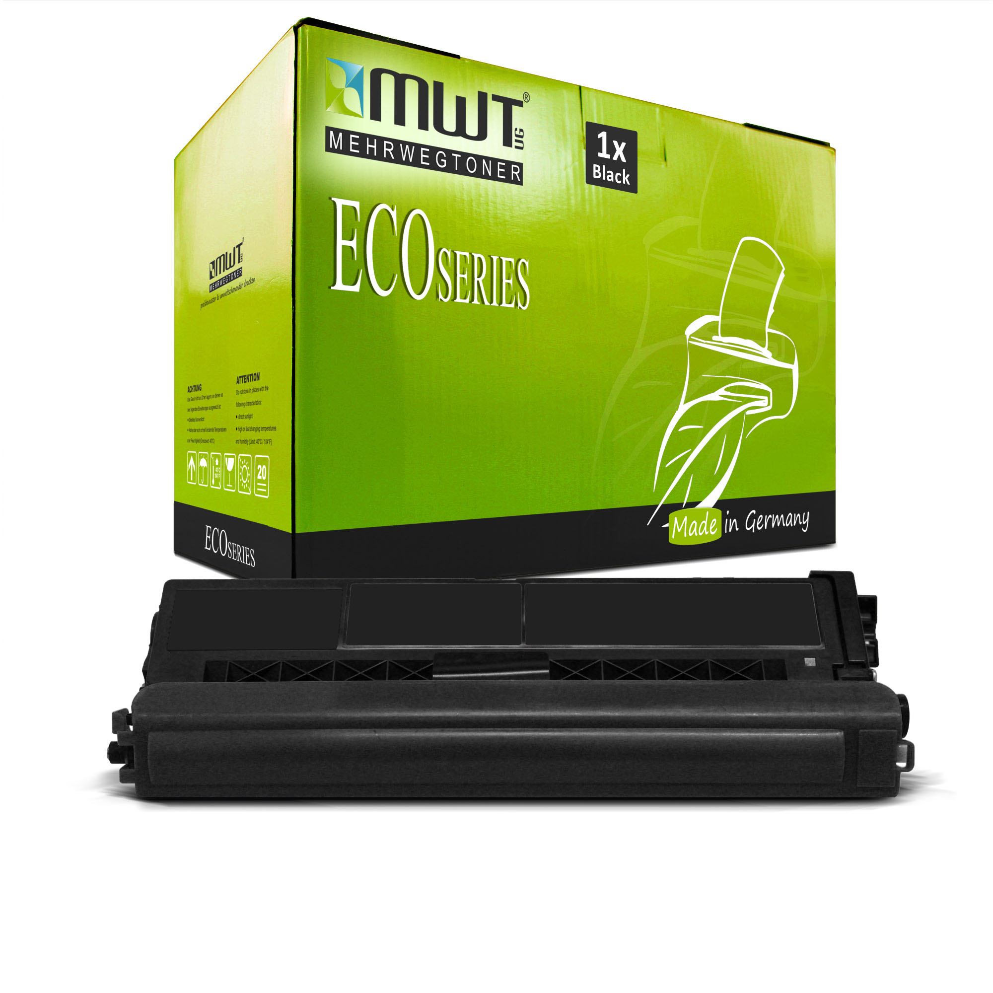 Grüne und schwarze Schachtel mit ECO-Serie-Toner mit schwarzem Toner. Weißer Hintergrund.