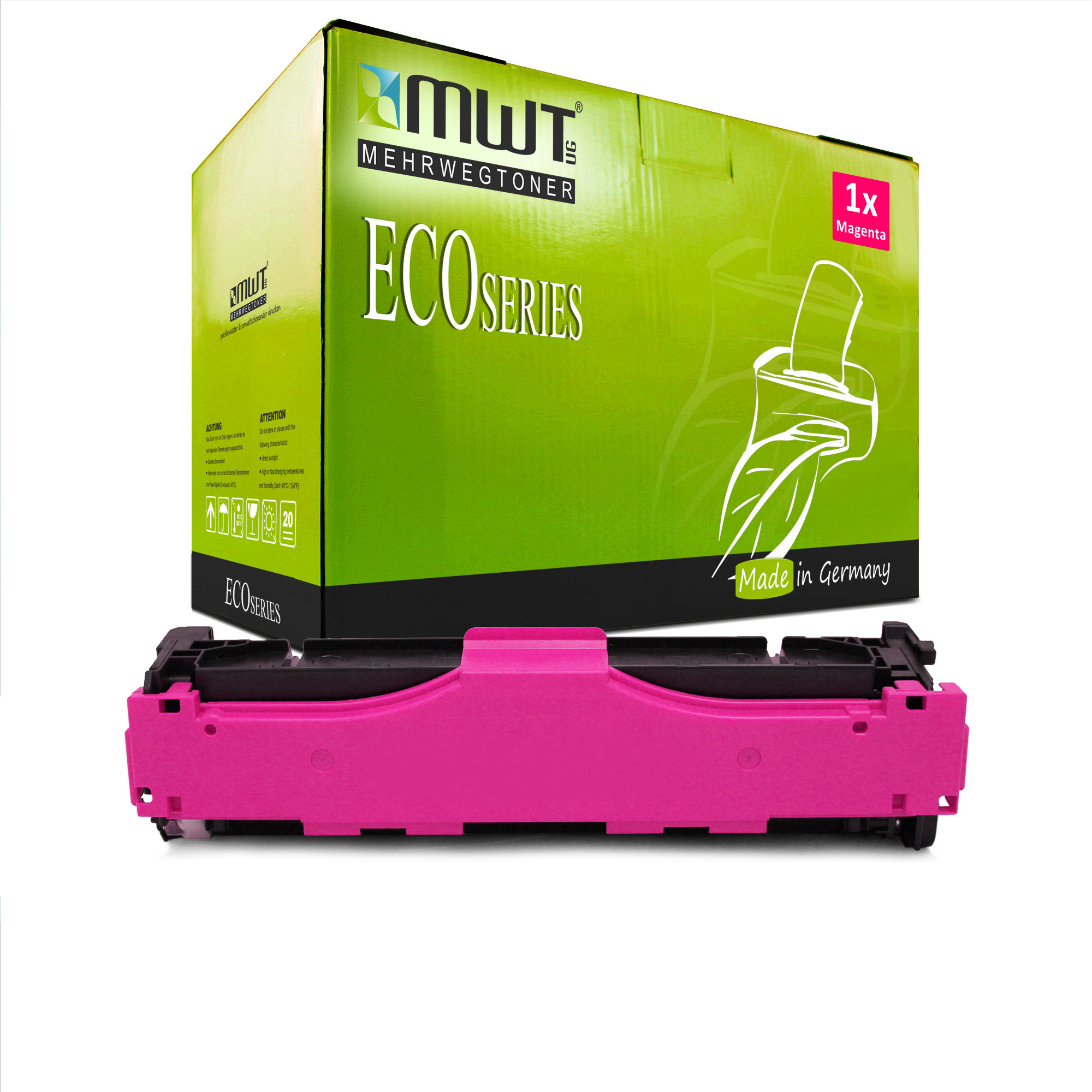 Magentar Tonerpatrone und Box. Box ist grün mit weißem Blattdesign und magentafarbenem Text.