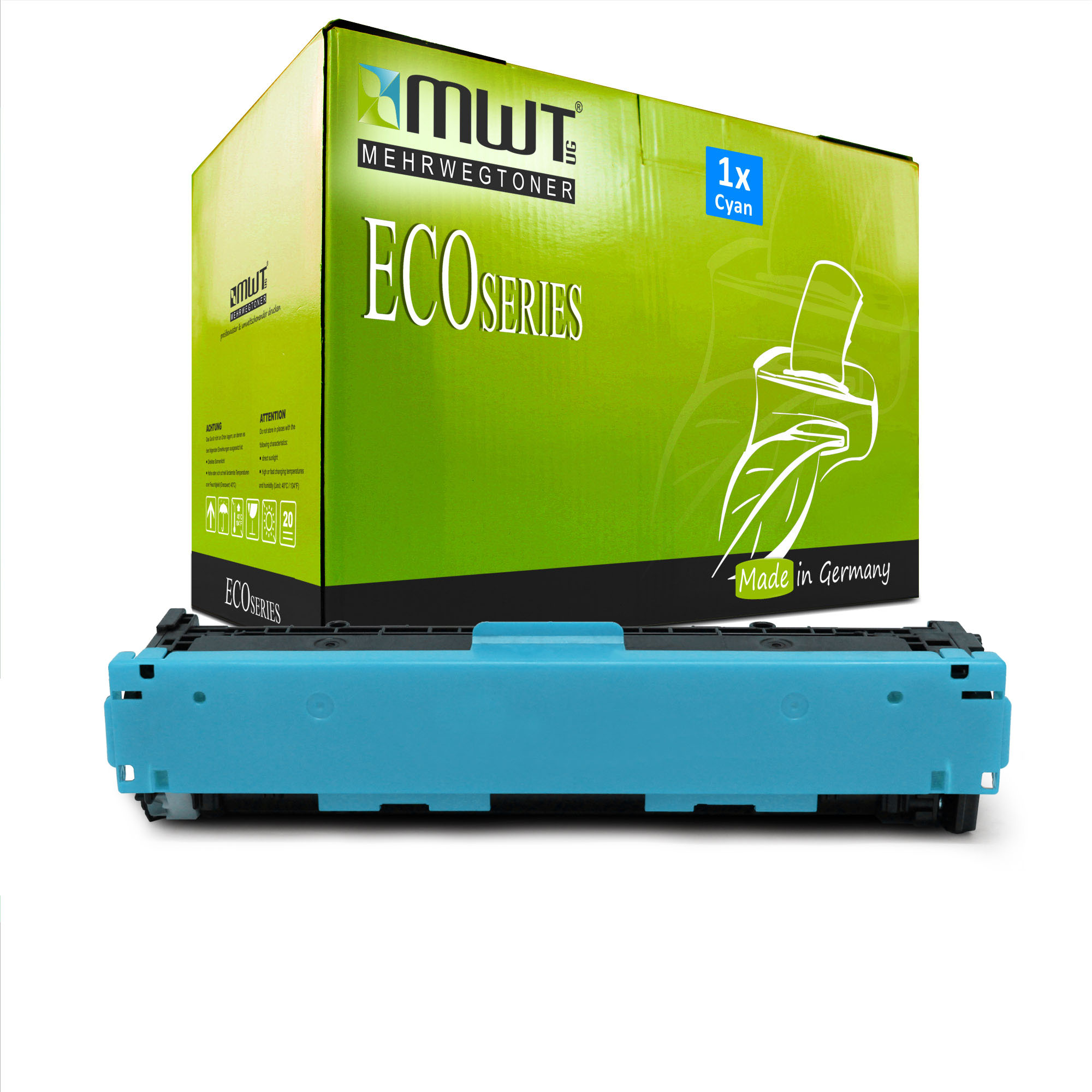 Cyan-Tonerkartusche mit grüner Box. Text: Eco Series, MWT. Hergestellt in Deutschland. Die Patrone ist cyan.