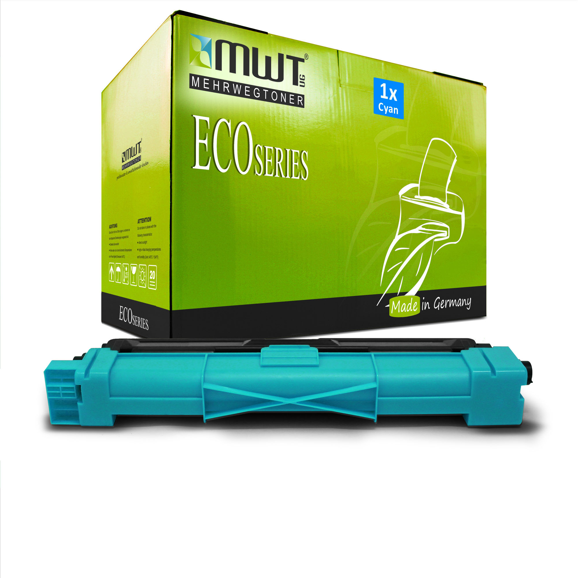 Cyan-Tintenpatrone und -Box. Die Box ist grün und trägt die Aufschrift ECO SERIES.