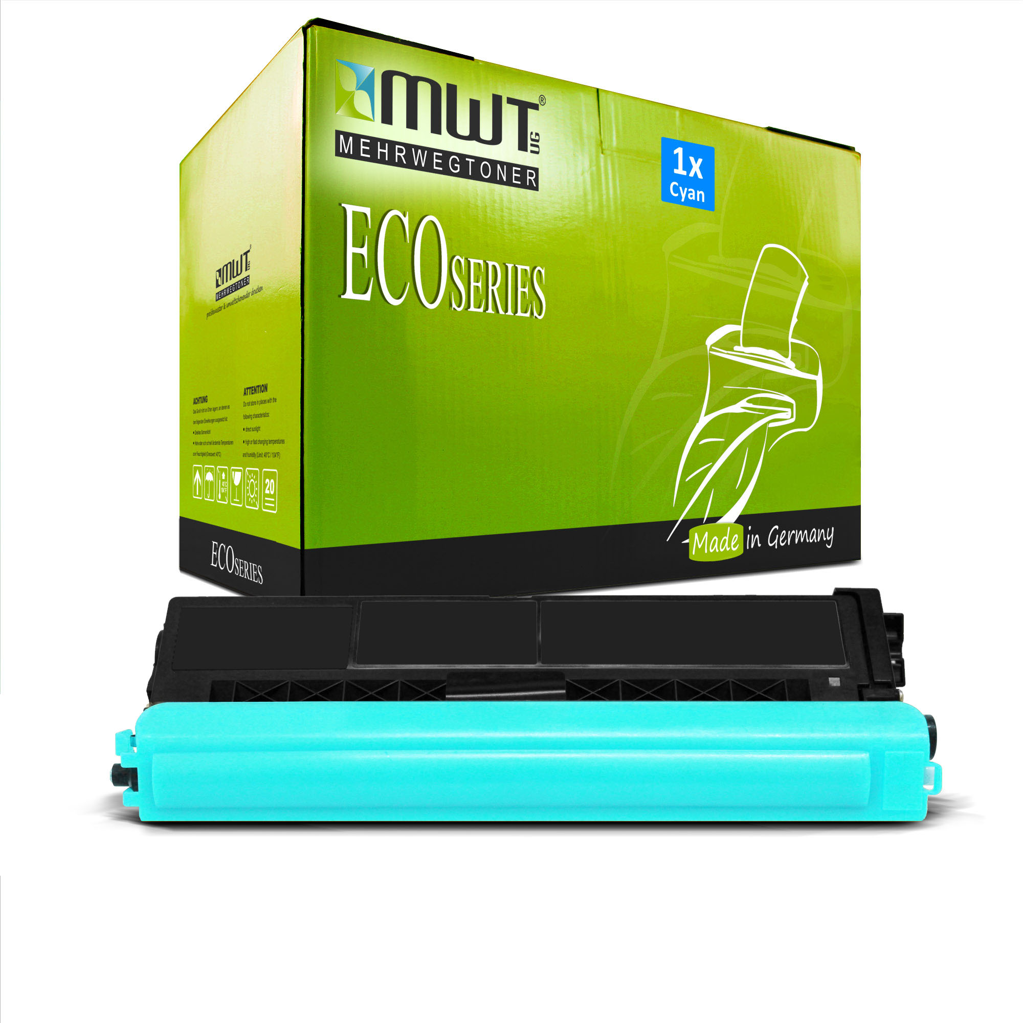 Grün-weiße Tonerkartuschenbox mit cyanfarbener Kartusche und dem Text „ECOSERIES“. Weißer Hintergrund.