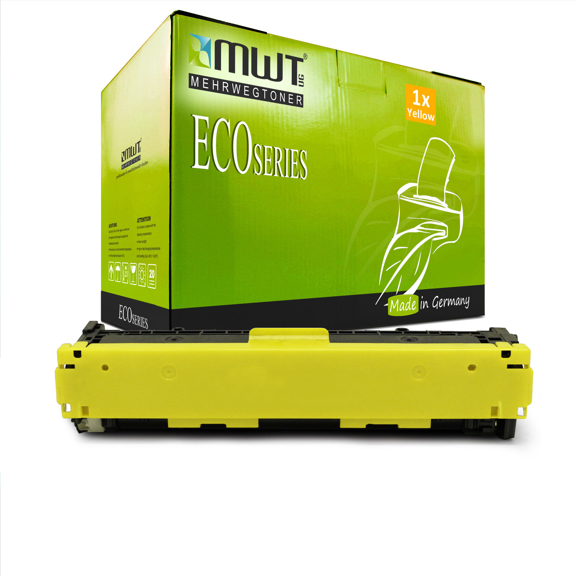 Eine gelbe Tintenpatrone und -box. Die Box ist grün und zeigt Produktdetails.