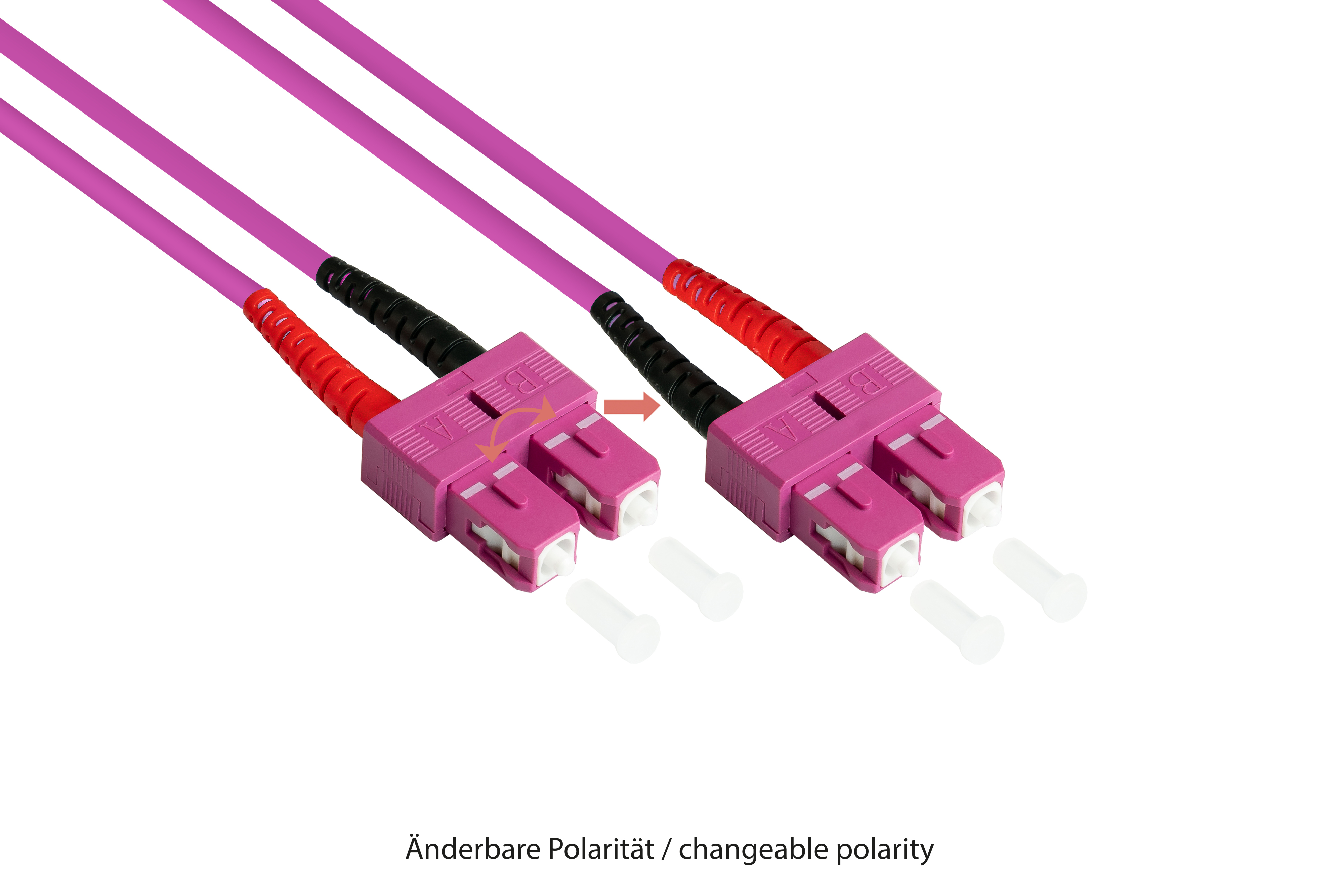 Zwei rosa Netzwerkkabel mit Steckern. Die Stecker sind rosa, schwarz und weiß.