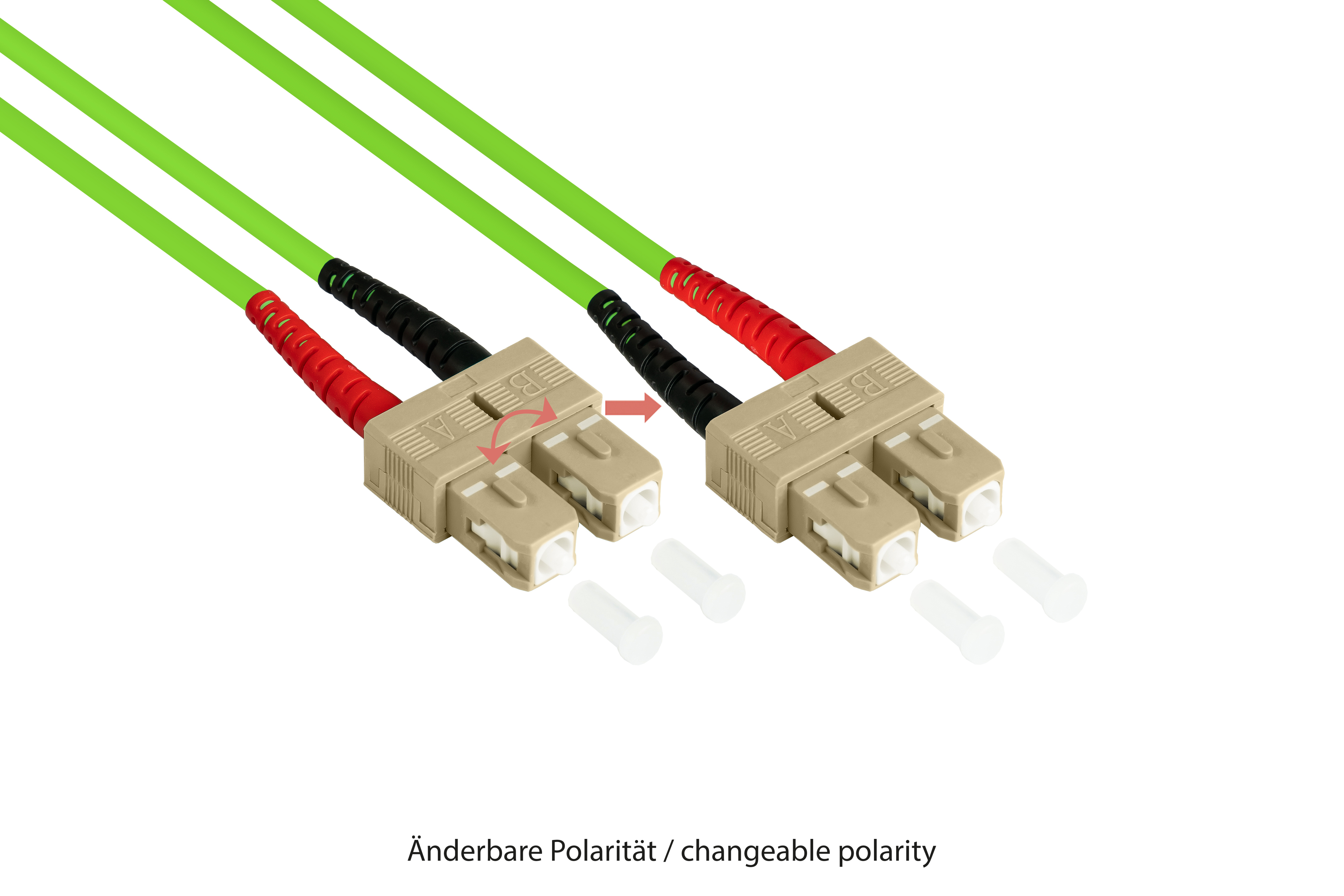 Zwei grüne Glasfaserkabel mit beigen Steckern und weißen Kappen, beschriftet mit 'Änderbare Polarität / changeable polarity'.
