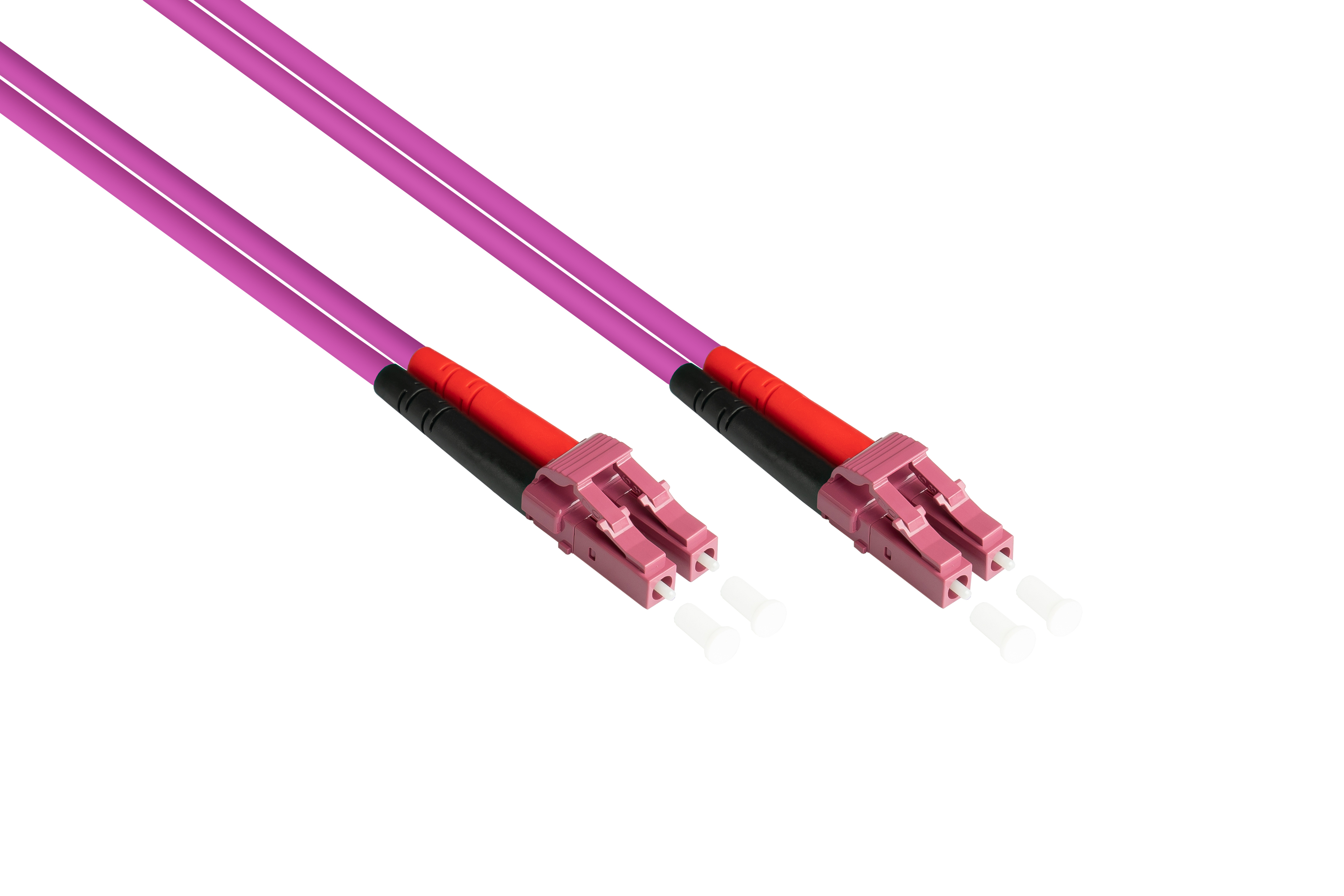 Zwei violette Glasfaserkabel mit rot-pinkfarbenen Steckern auf weißem Hintergrund.