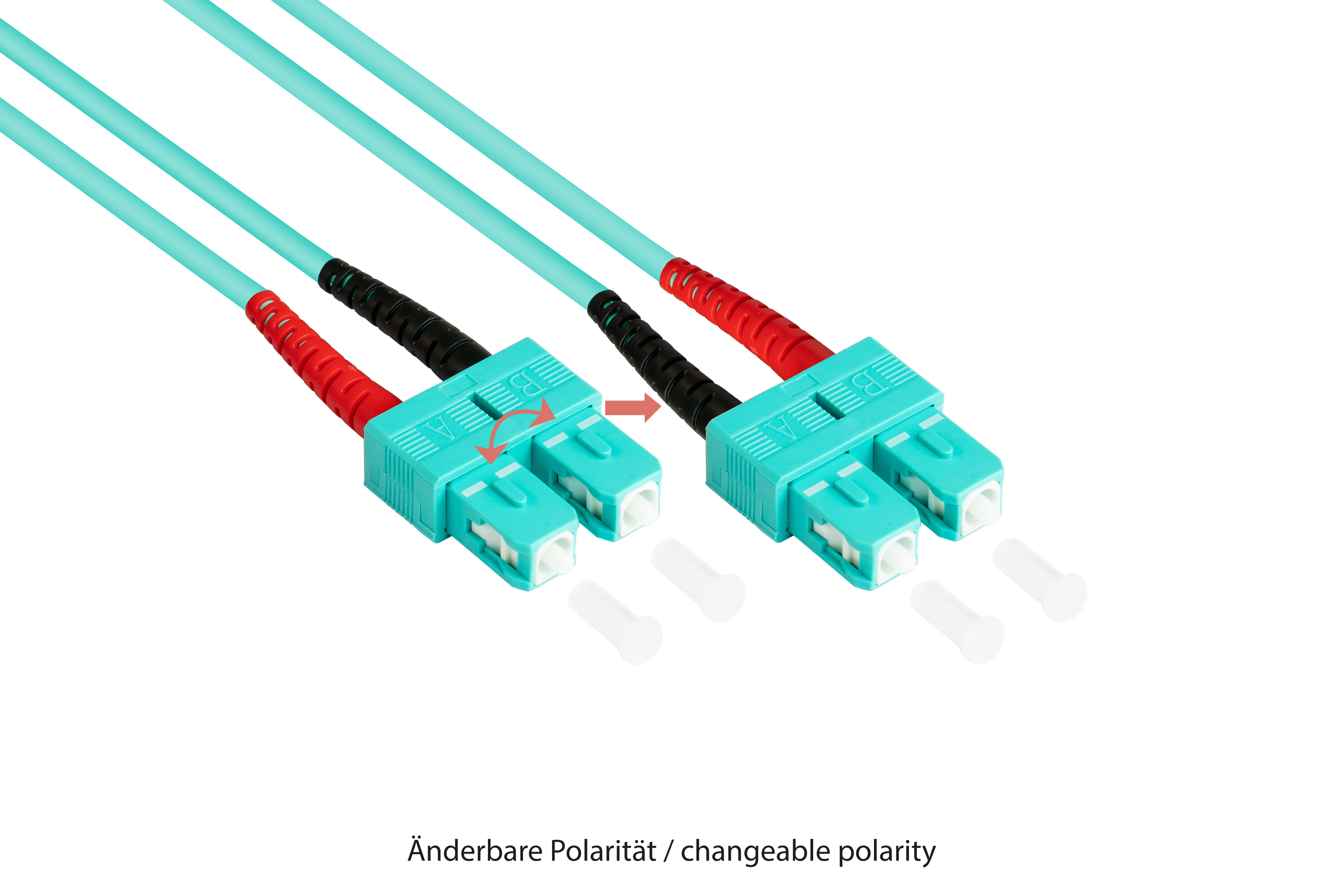 Zwei hellblaue Netzwerkkabel mit roten und schwarzen Steckern. Weißer Hintergrund.