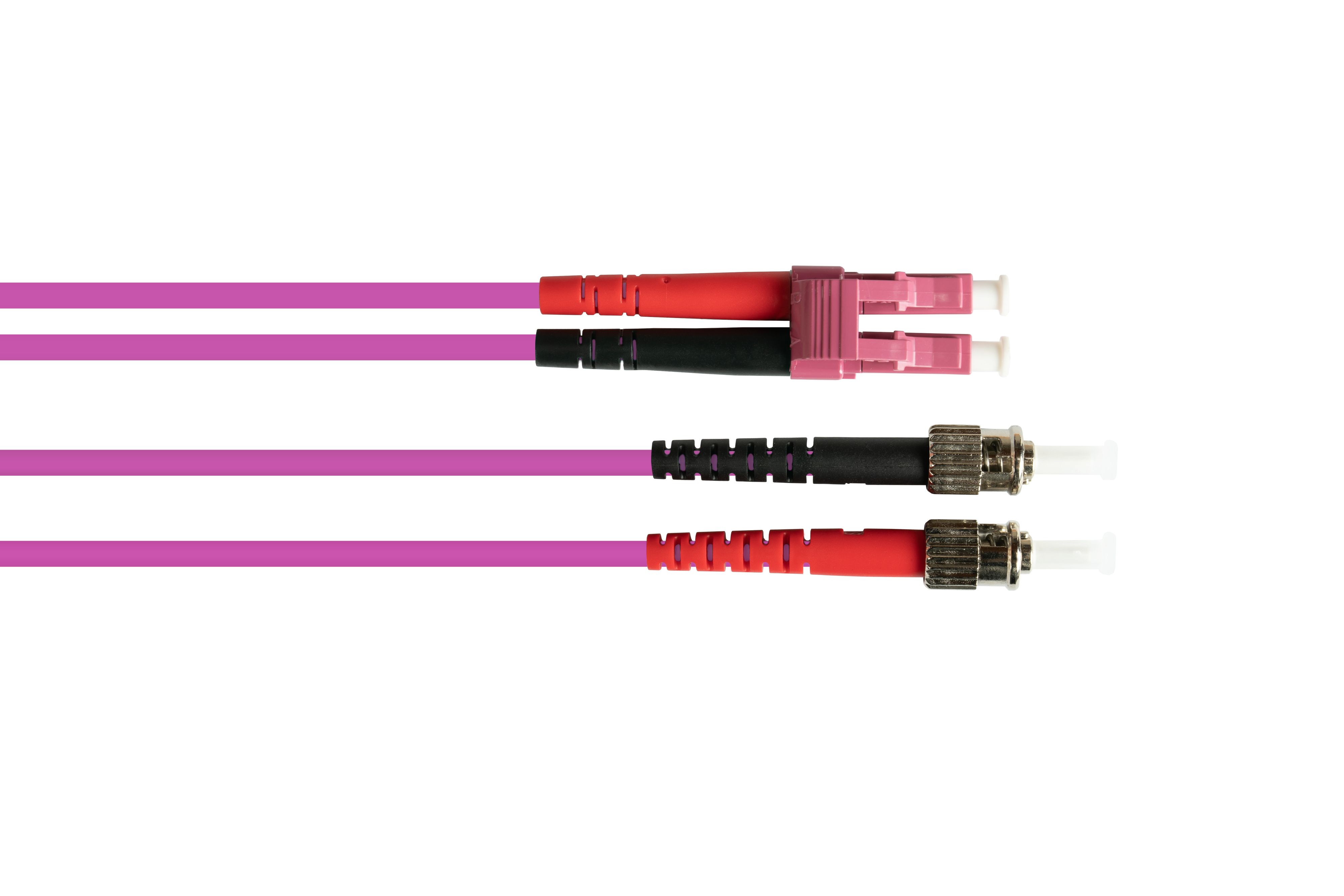Zwei Glasfaserkabel mit Steckern, ein Satz rosa und der andere rosa und rot, auf weißem Hintergrund.