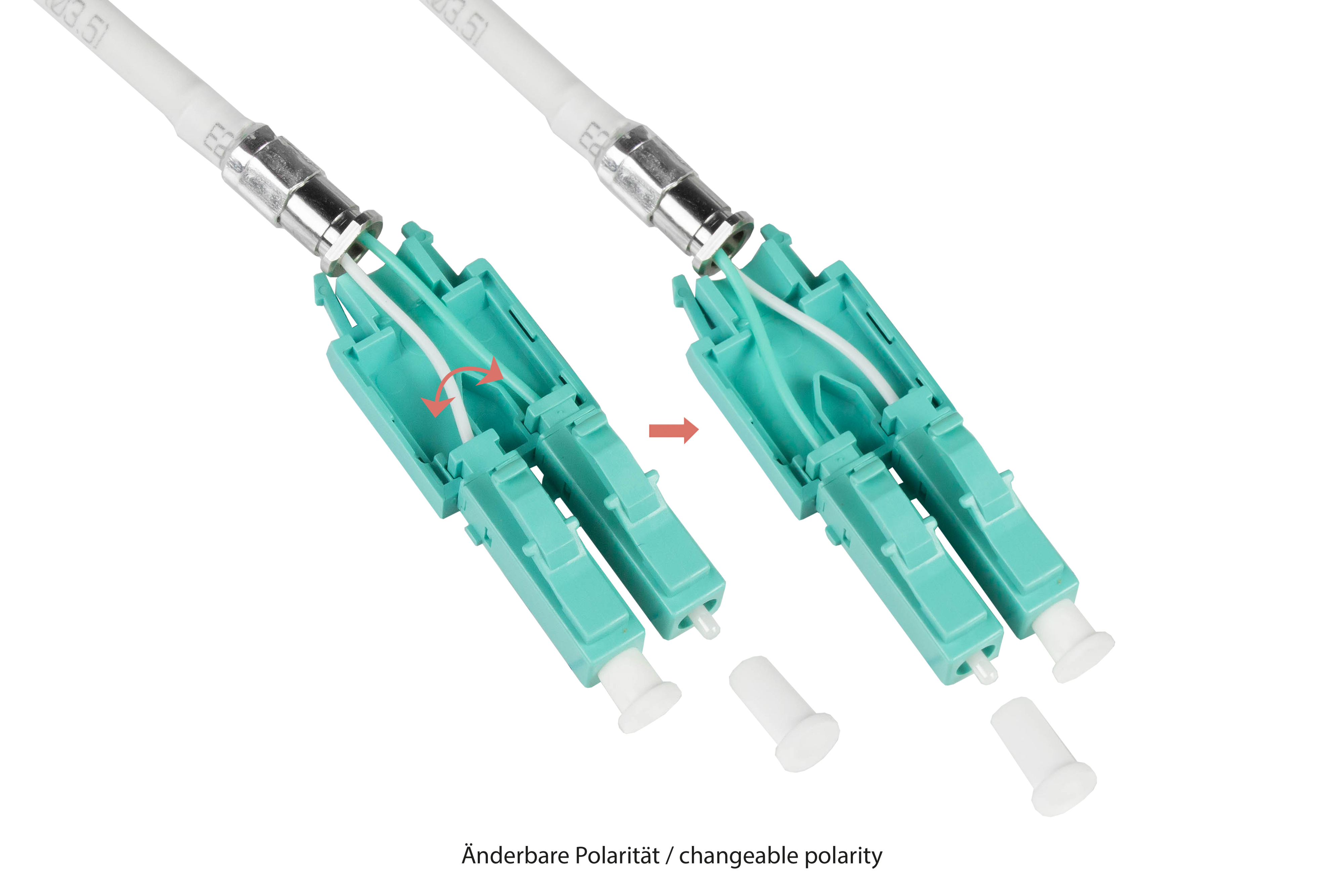 Zwei Glasfaser-Kabelstecker. Türkisfarbener Stecker mit weißen Kabeln. Pfeile zeigen die Polarität an.