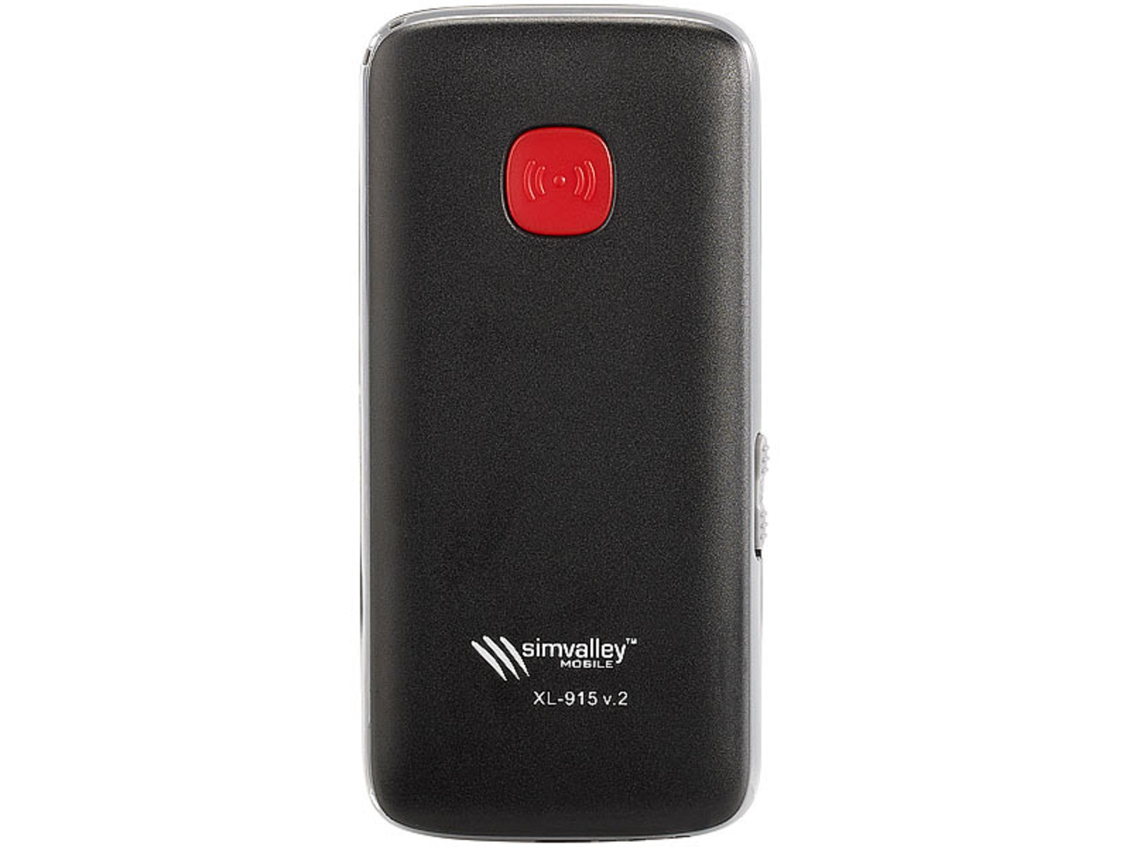 Ein schwarzes Mobiltelefon mit roter Taste und dem Markennamen simvalley mobile auf weißem Grund.