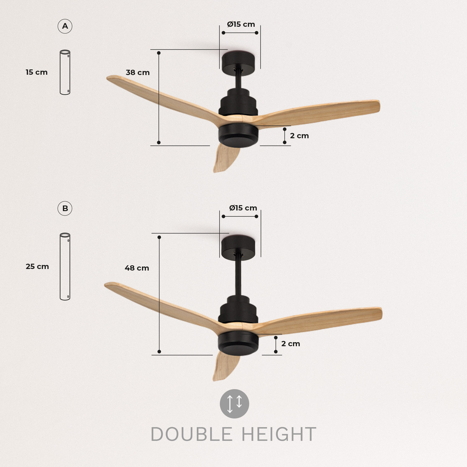 Ventilador de techo con aspas de madera. La imagen muestra dos configuraciones diferentes: una larga y otra corta.