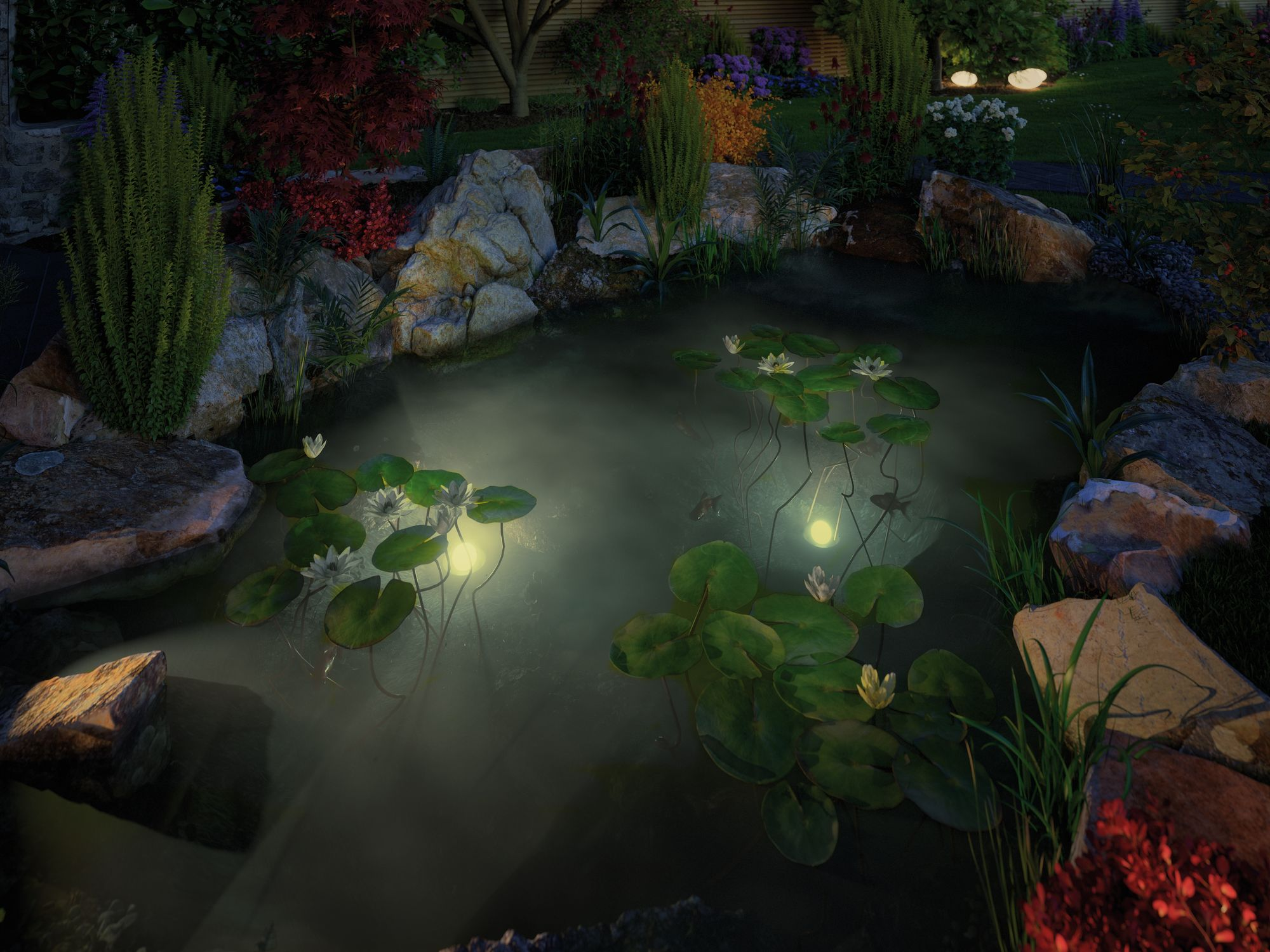 Staw z liliami wodnymi, otoczony skałami i zielenią, oświetlony reflektorami. Scena wieczorna.