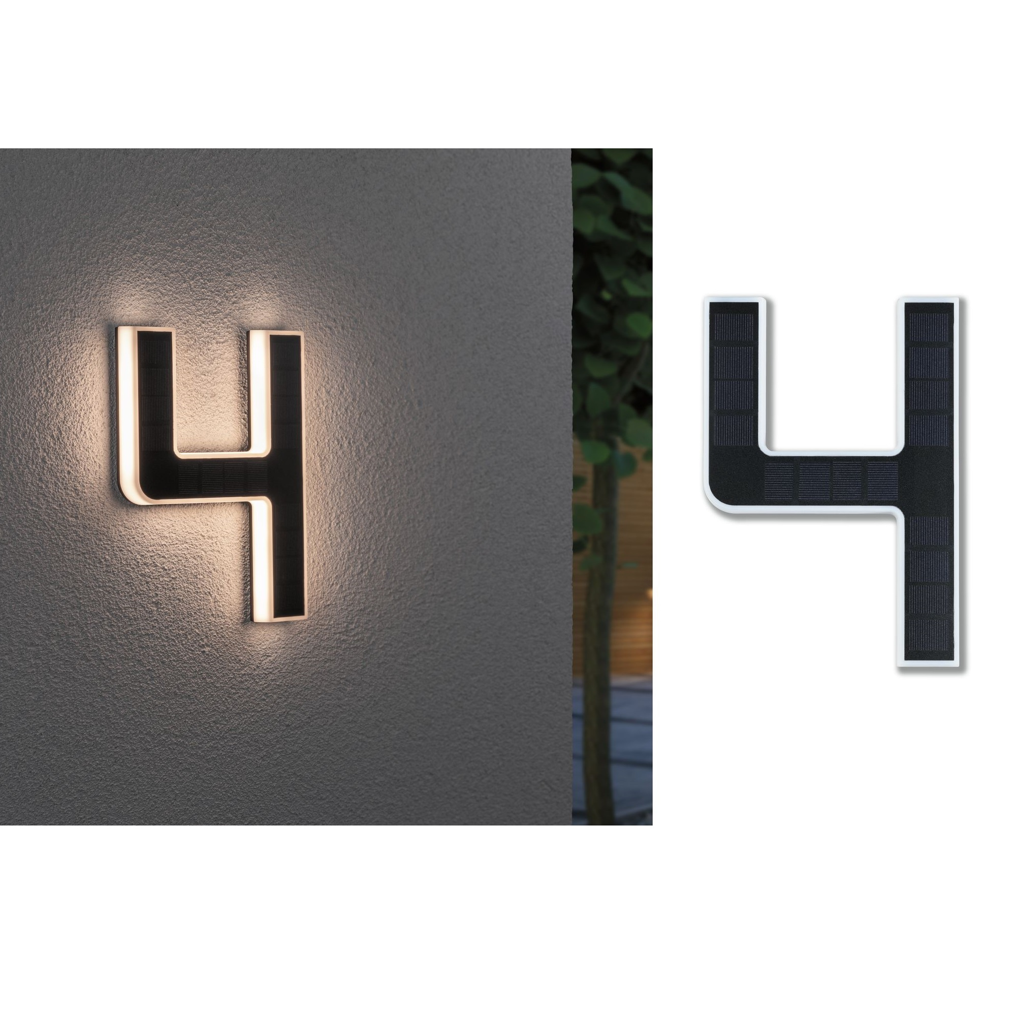 Nowoczesny podświetlany numer domu cztery. Jest to panel słoneczny z czarnym numerem.