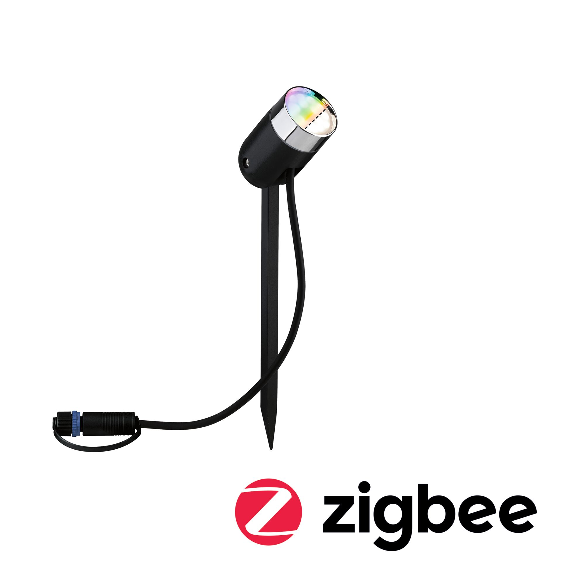 Czarna lampa zewnętrzna Zigbee z diodą LED zmieniającą kolor, czarny kabel.