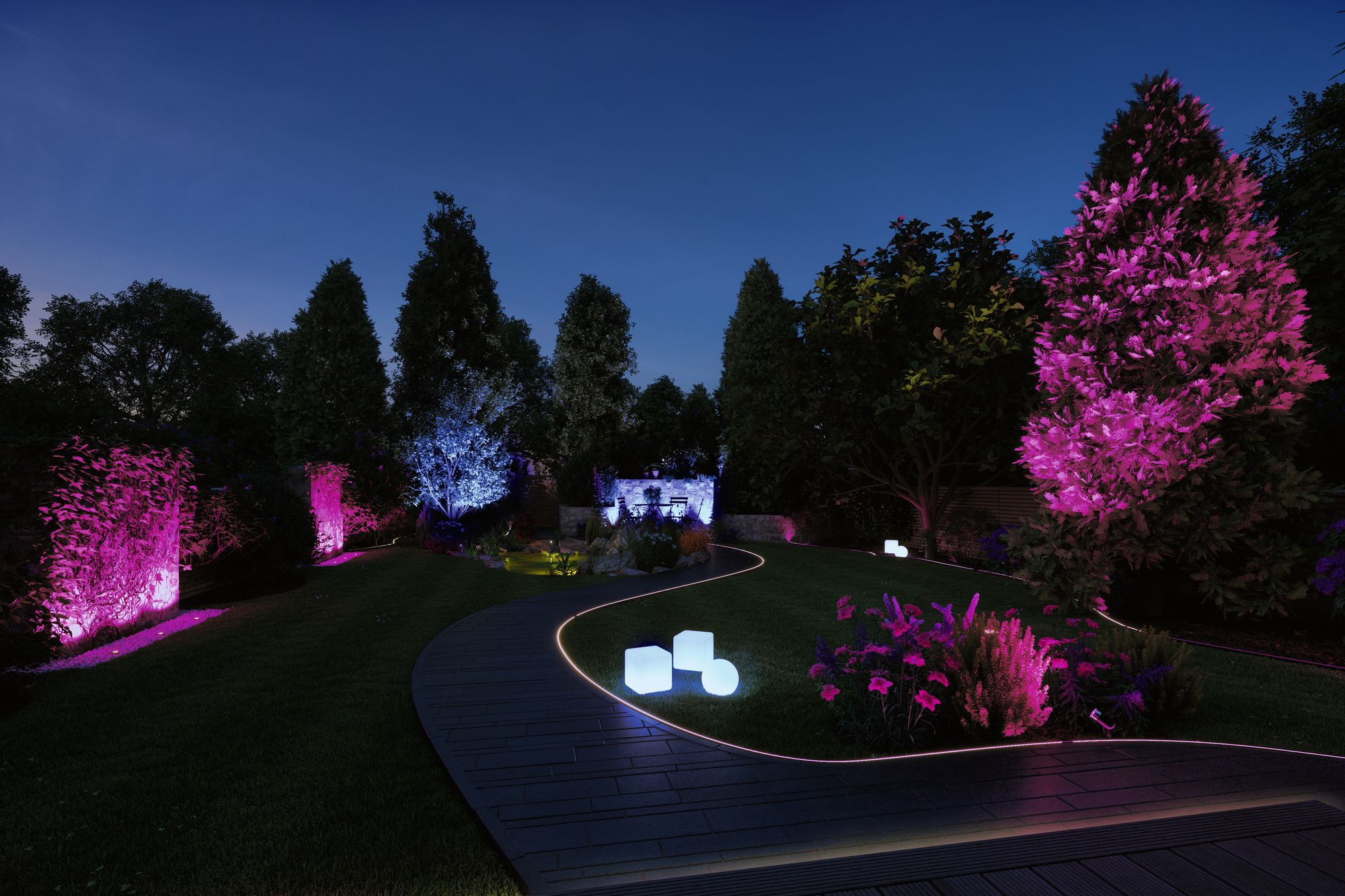 Nocny widok na zagospodarowany ogród z kolorowymi światłami.
