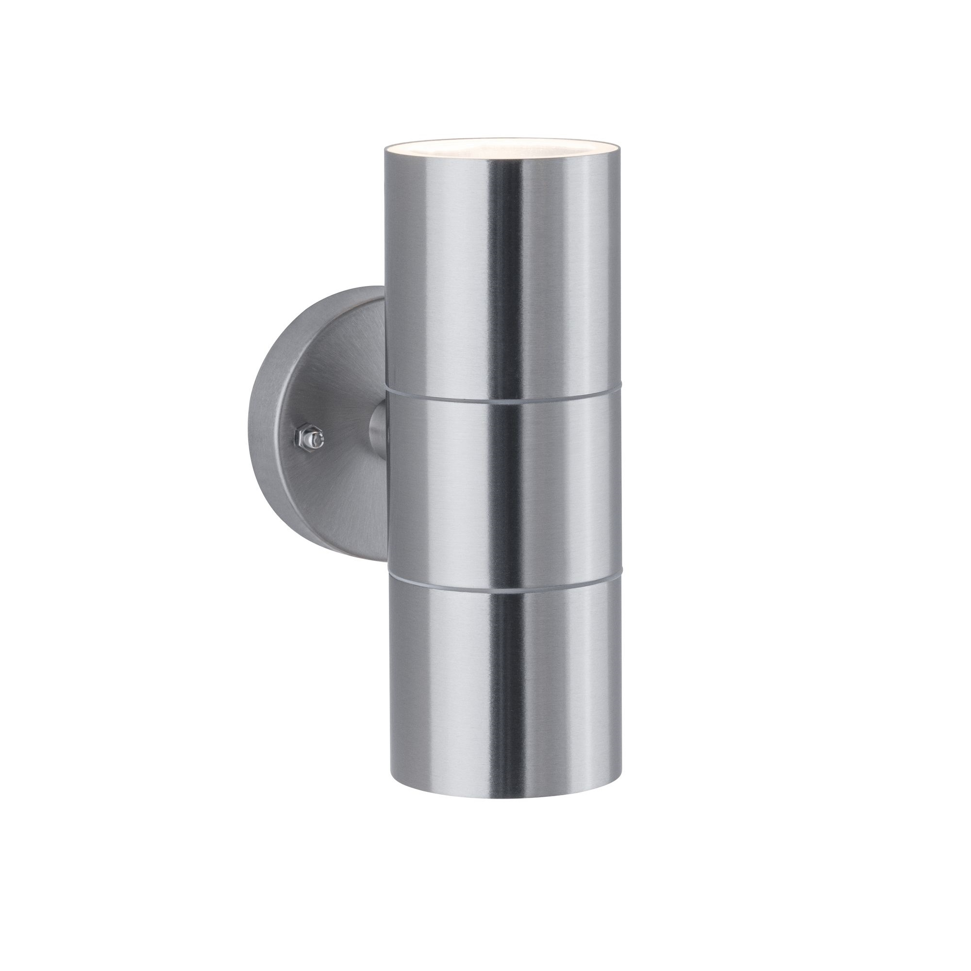 Cylindryczna, srebrna lampa ścienna zewnętrzna z dwoma źródłami światła na białym tle.