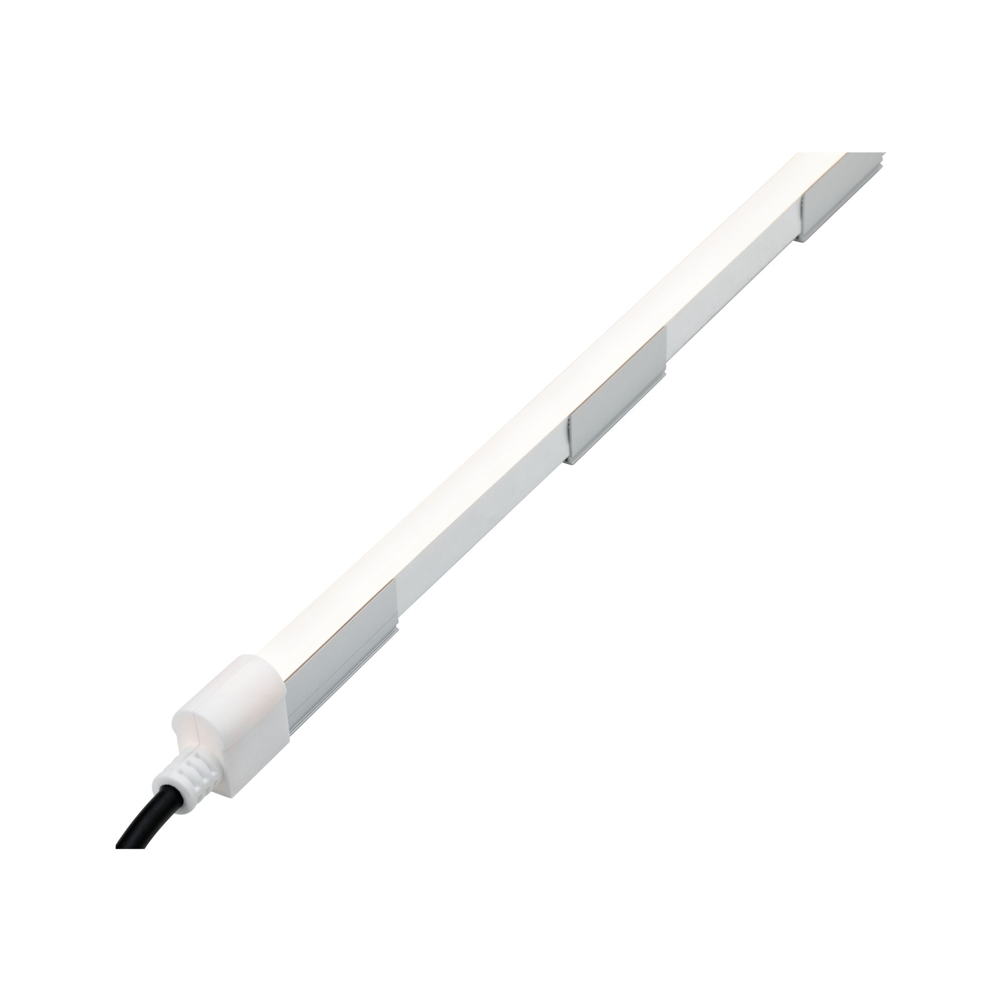 Weißer LED-Lichtstreifen mit schwarzem Kabel und Stecker auf weißem Hintergrund.