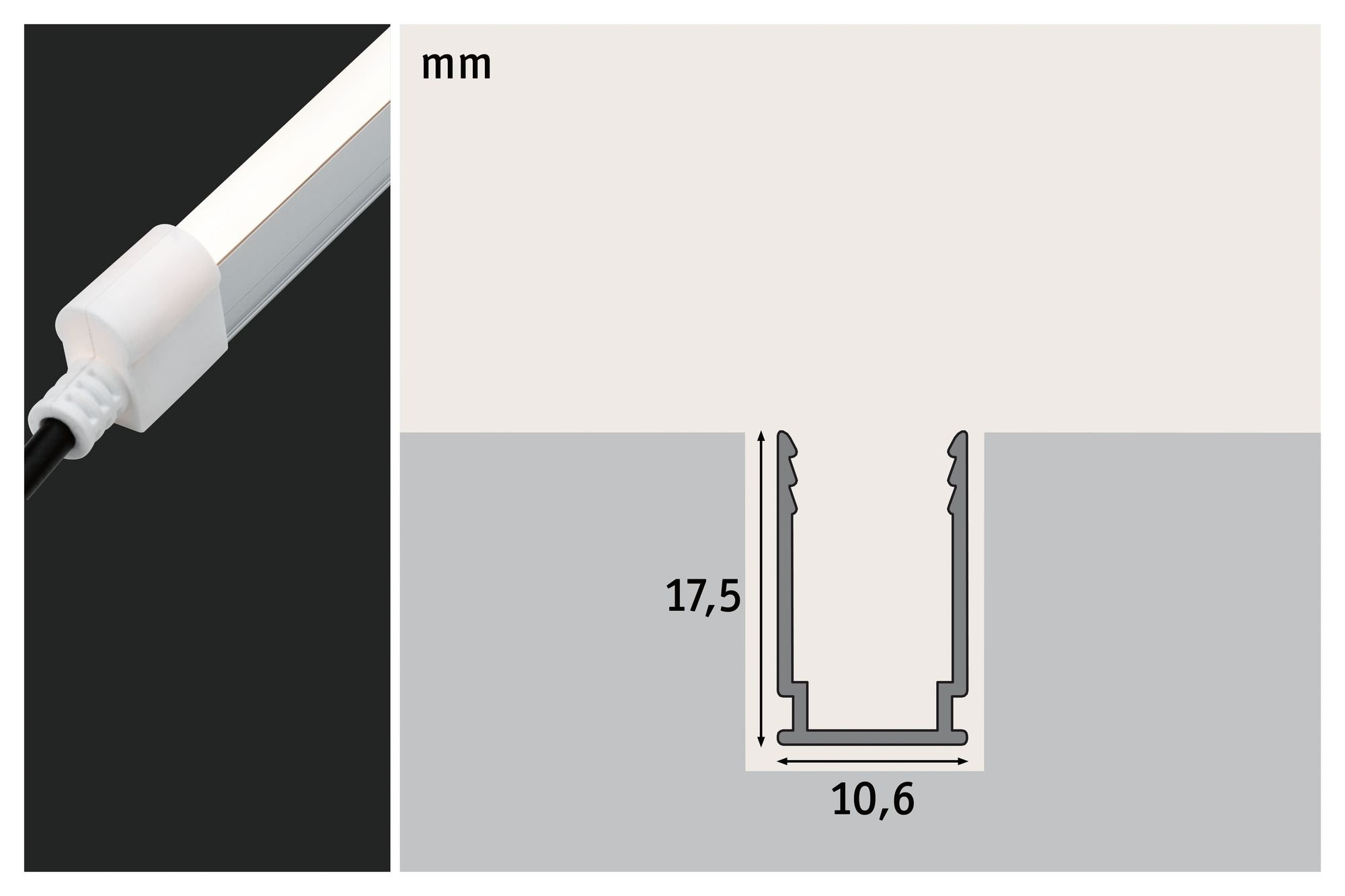 Diagramm, das ein LED-Streifenlicht und ein Kanalprofil zeigt.