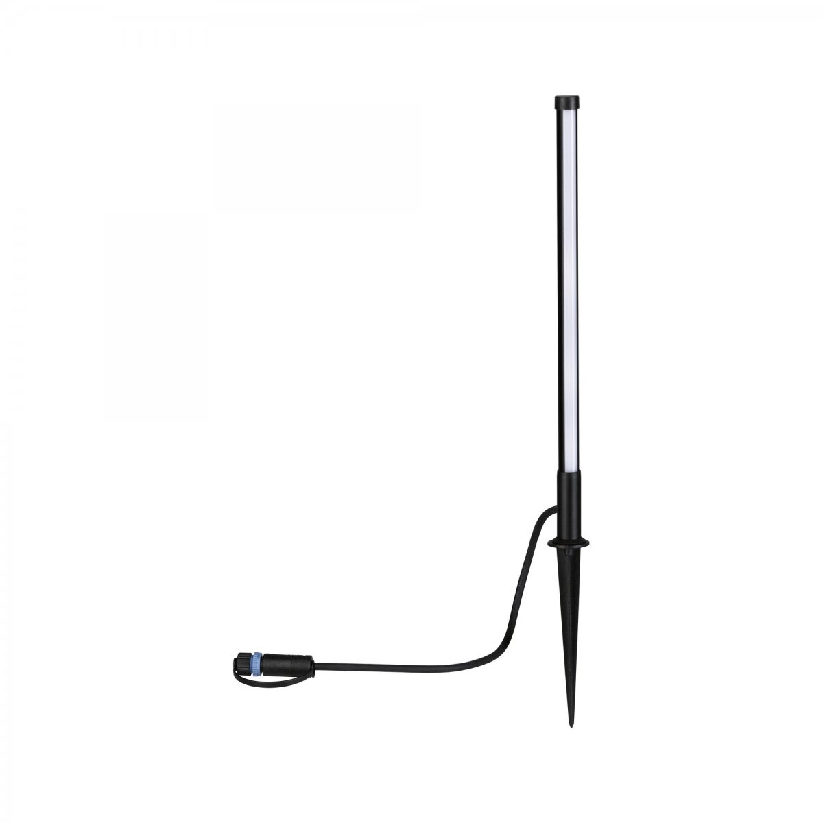 Eine schwarze, hohe, vertikale Außenleuchte mit Spießfuß und kleinem Kabel, vor weißem Hintergrund.