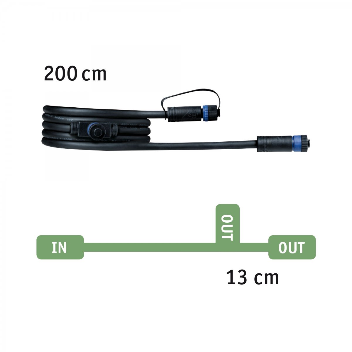 Schwarzes Kabel mit Anschlüssen. Etiketten zeigen 200 cm Kabellänge, 13 cm Abstand, IN und OUT. Weißer Hintergrund.