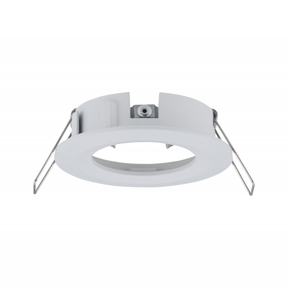Un apparecchio di illuminazione a incasso bianco con due clip argentate su sfondo bianco. Design circolare.