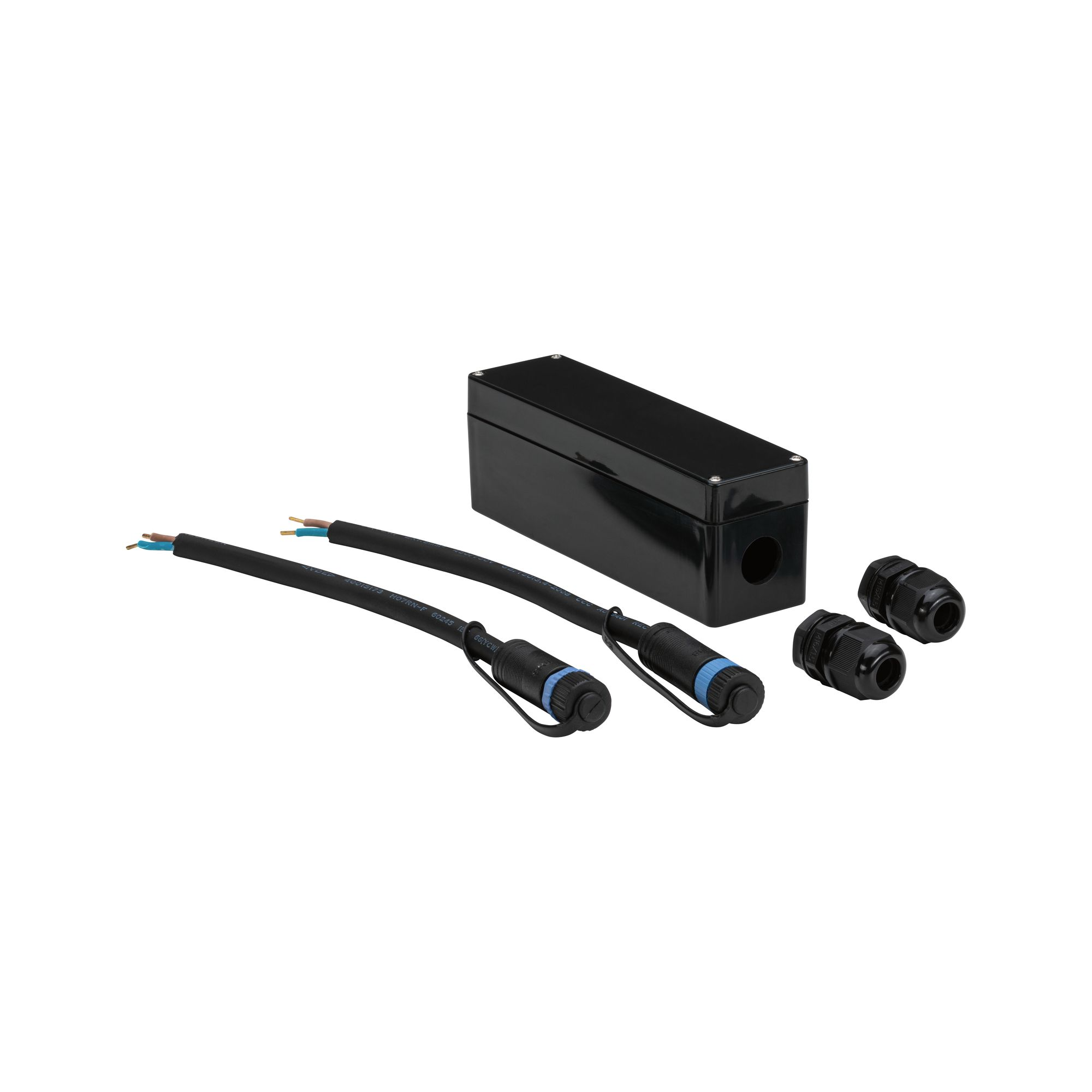 Eine schwarze Box, Kabel und Anschlüsse werden gezeigt. Die Kabel haben blaue und weiße Drähte.