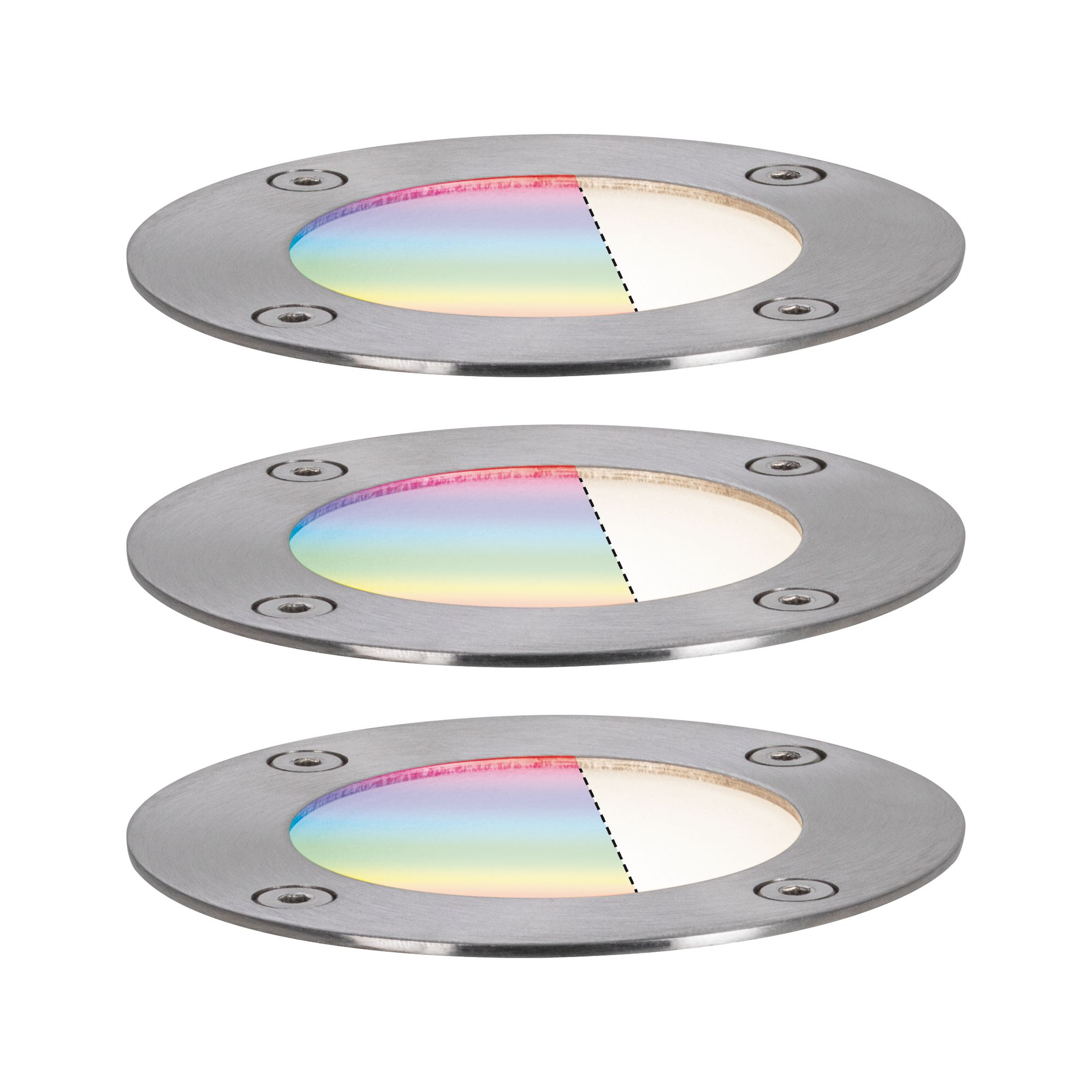 Trzy okrągłe lampy zewnętrzne. Każda ma tęczowy odcinek.