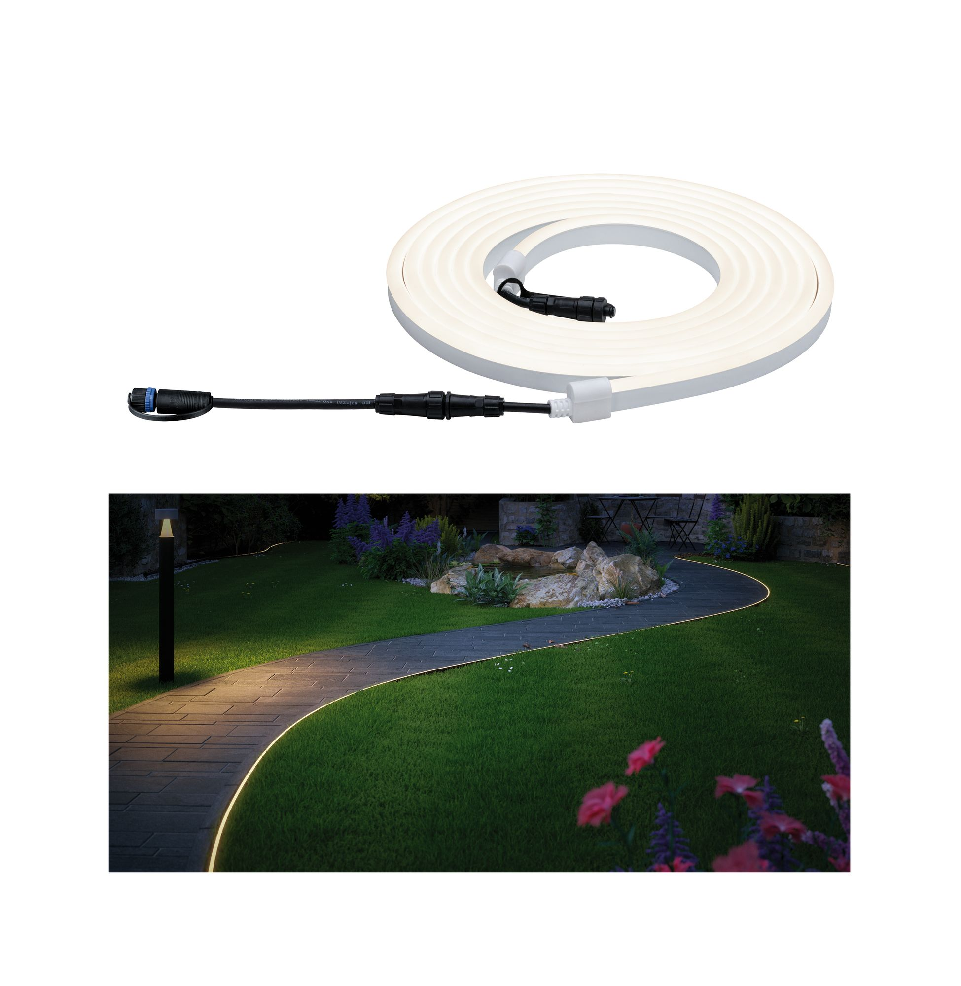 Weißes LED-Band auf einer Rolle. Darunter ein Weg mit LED-Leuchten.
