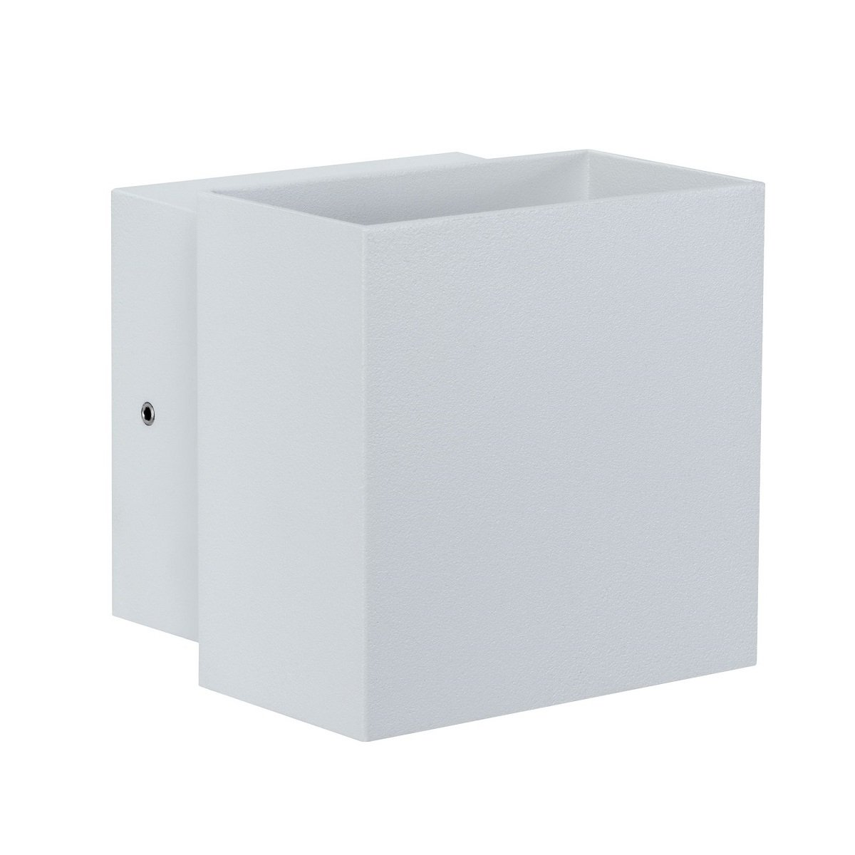 Biała, kwadratowa lampa ścienna zewnętrzna. Ma wpuszczone światło i mały otwór z boku.