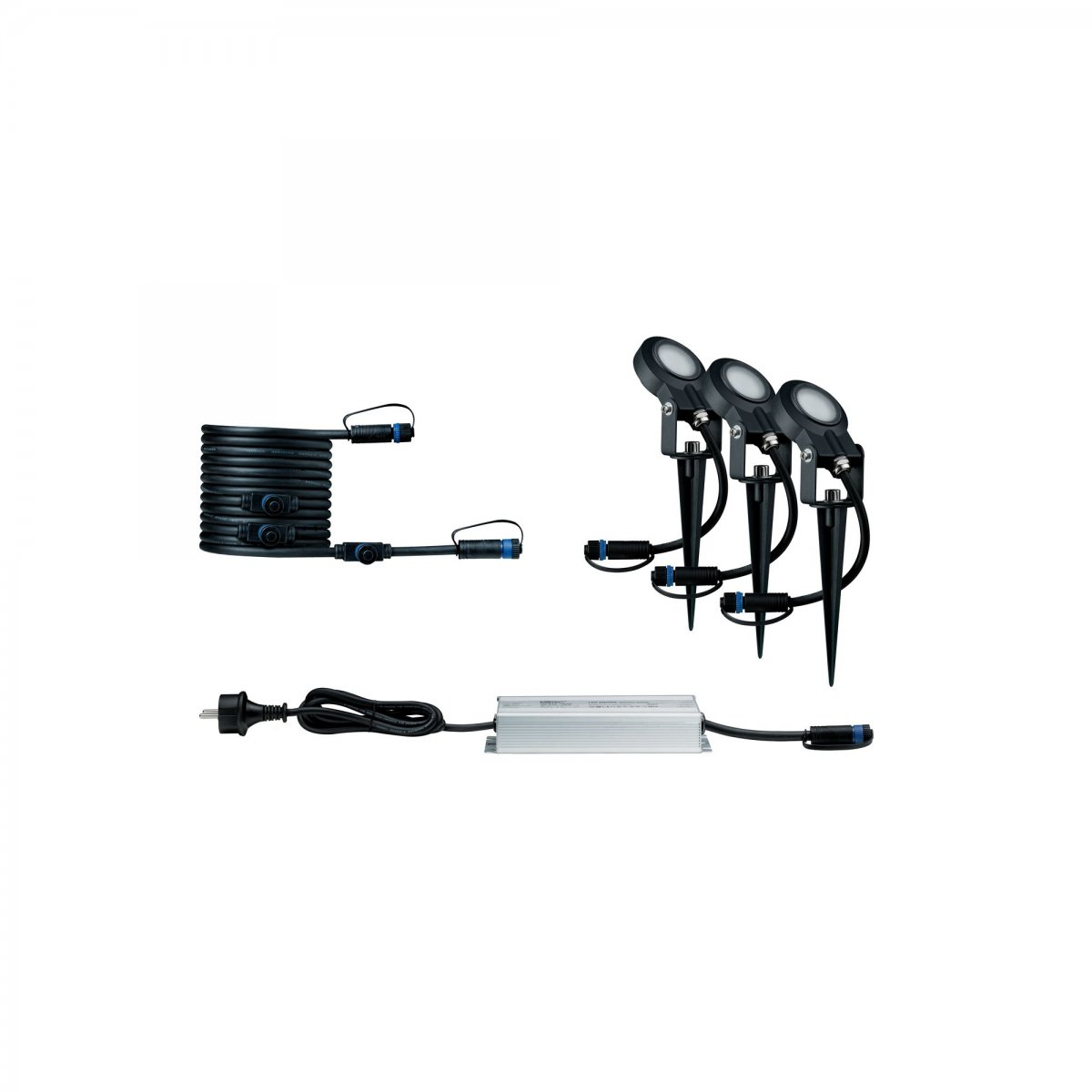 Zestaw trzech czarnych reflektorów z czarnym kablem i zasilaczem.