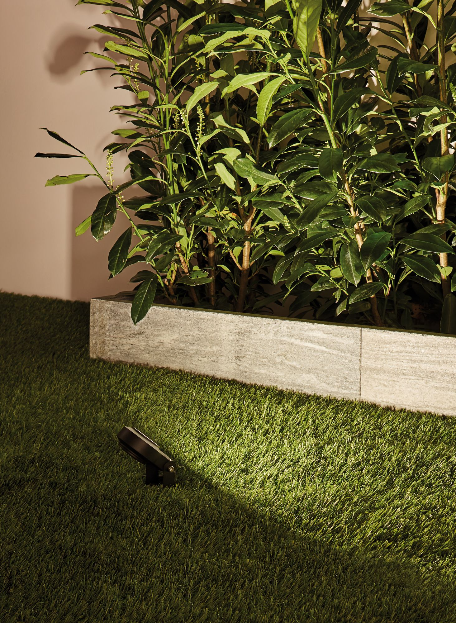 Reflektor oświetlający zielone rośliny w kamiennej donicy. Zielone tło trawy.