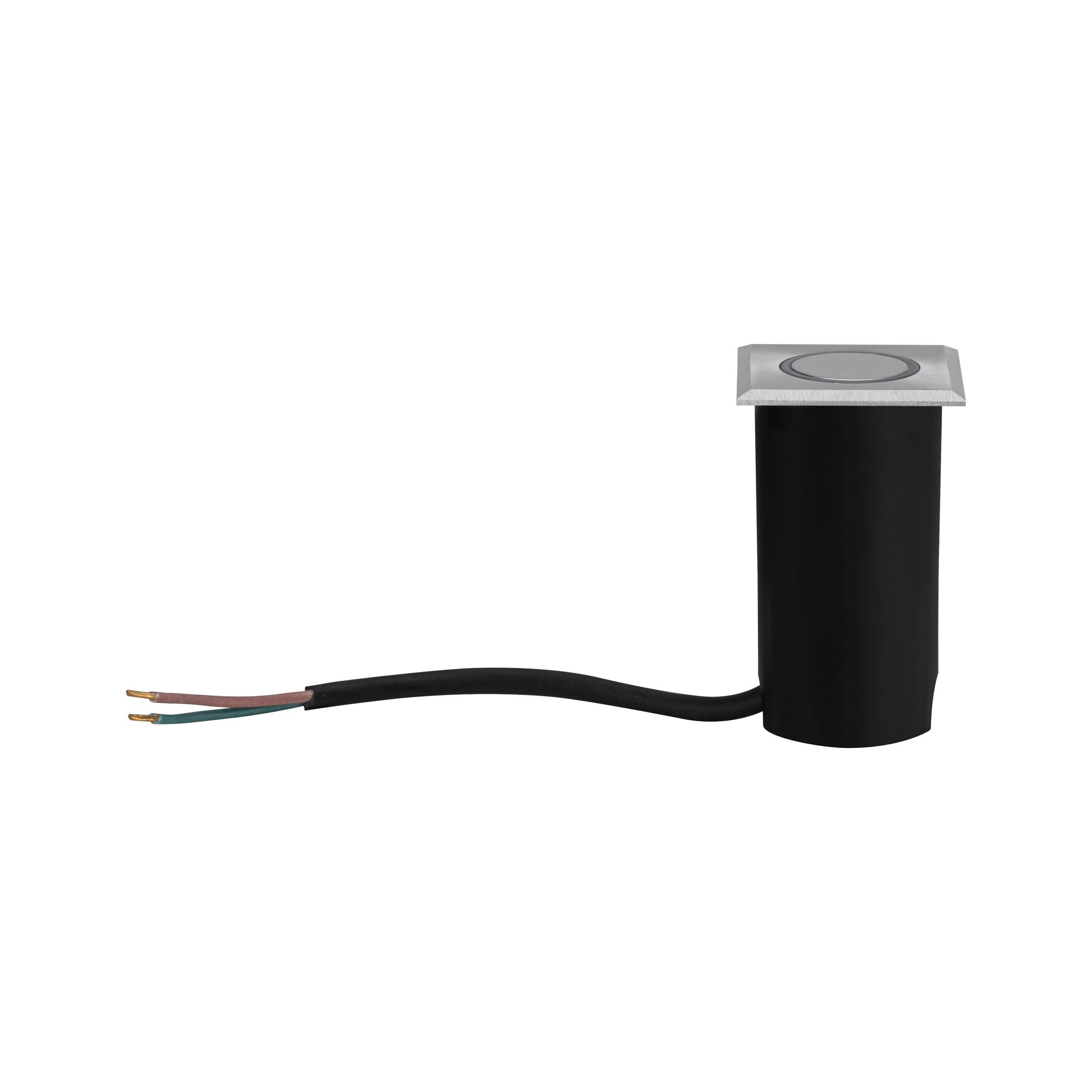 Czarna lampa gruntowa zewnętrzna z okrągłą powierzchnią świetlną i czarnym kablem, na białym tle.