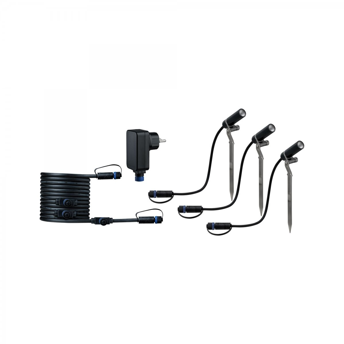 Zestaw oświetlenia krajobrazu zewnętrznego. Zawiera przewód zasilający, transformator i trzy reflektory na palikach.