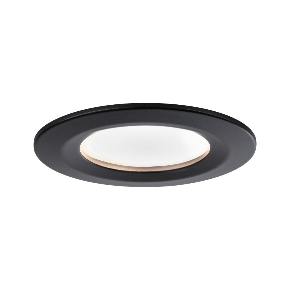 Eine schwarze Einbau-Deckenleuchte mit einem weißen Innenkreis. Es ist eine Draufsicht.