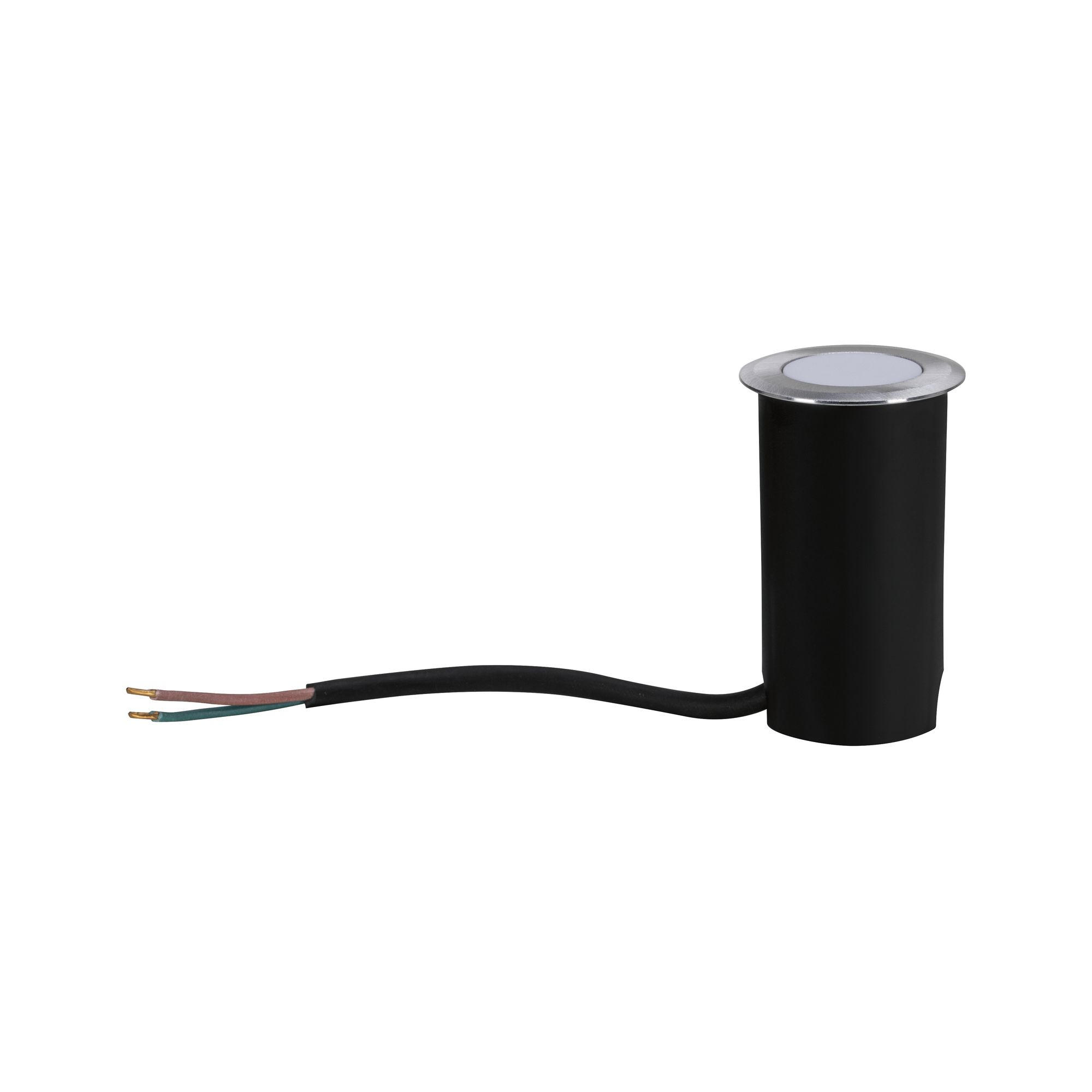 Czarna, cylindryczna oprawa oświetleniowa. Ma dwa przewody wychodzące od dołu i białe światło.