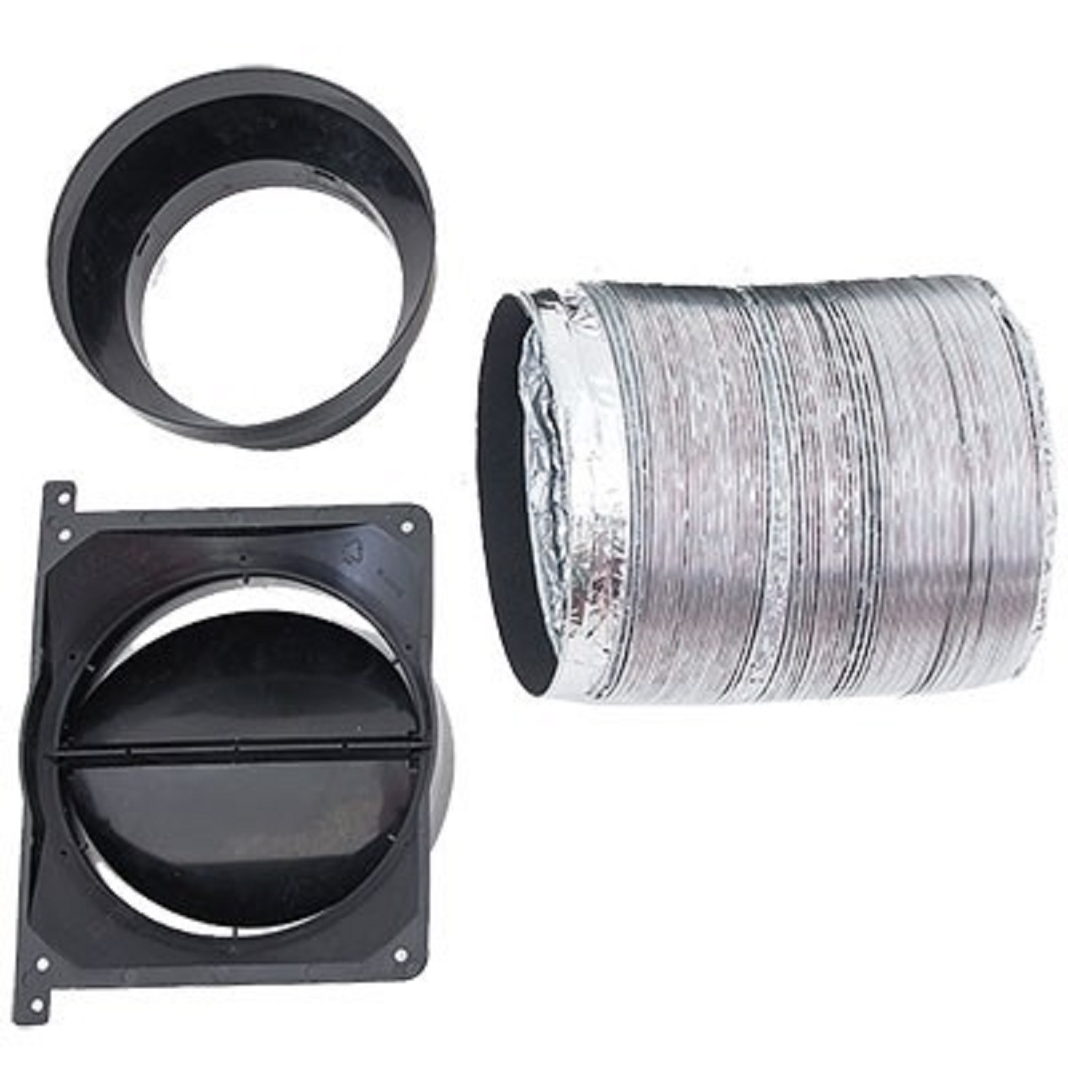 Schwarze Belüftungsteile: ein Ring, ein Quadrat und ein flexibler Schlauch.