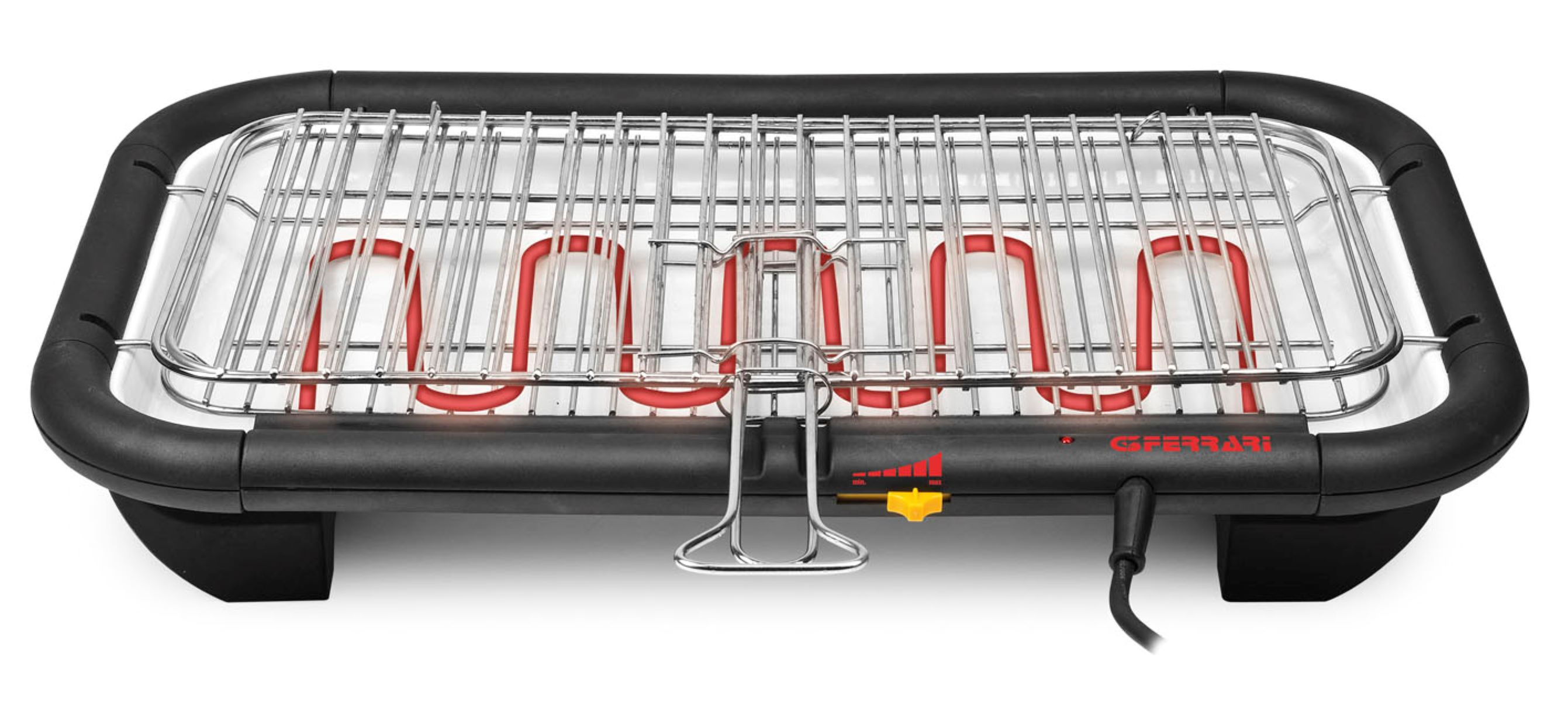 Ein Elektrogrill mit schwarzem Rahmen und Heizelement.