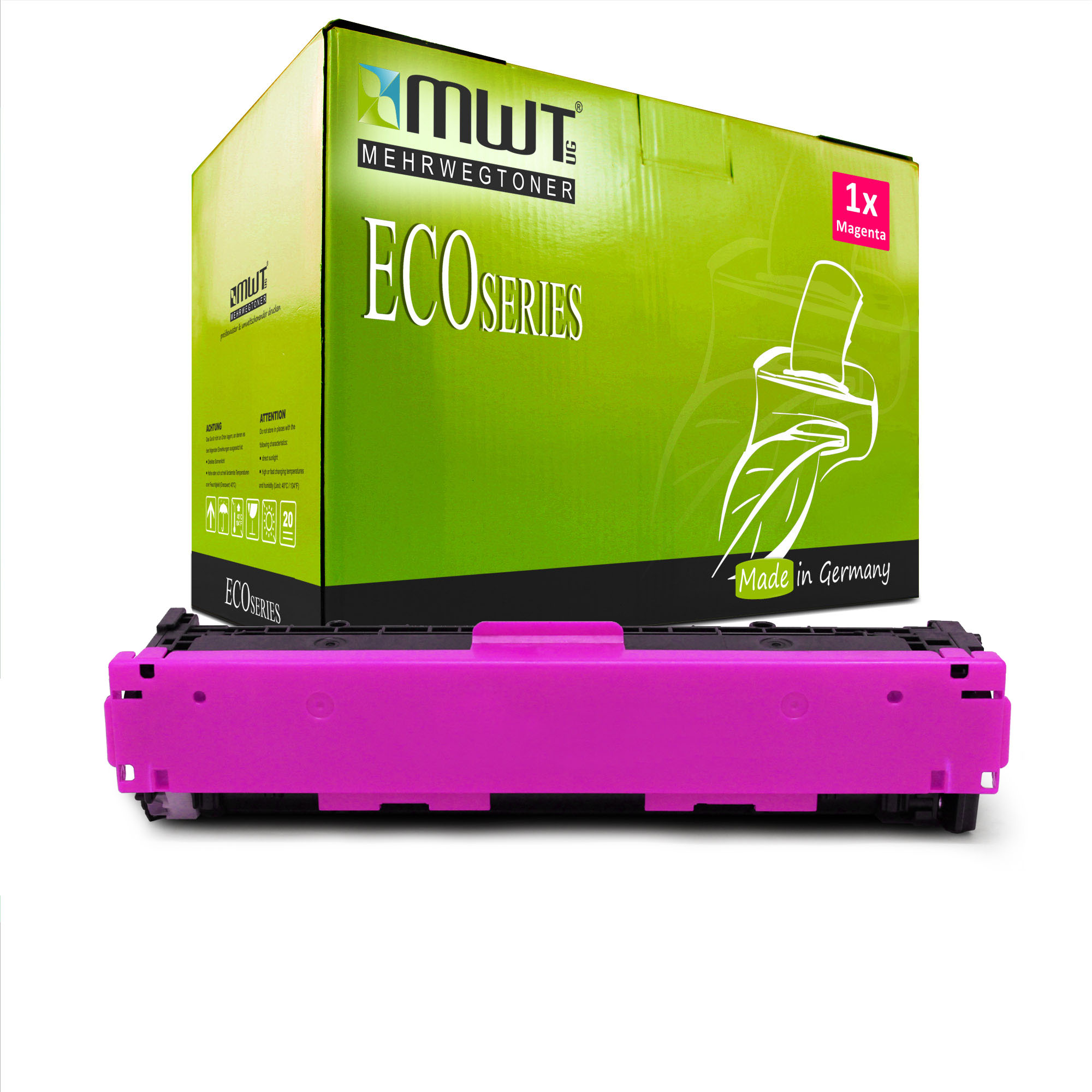 Grüne und schwarze Tonerkartuschenbox mit magenta Tonerkartusche auf Weiß.