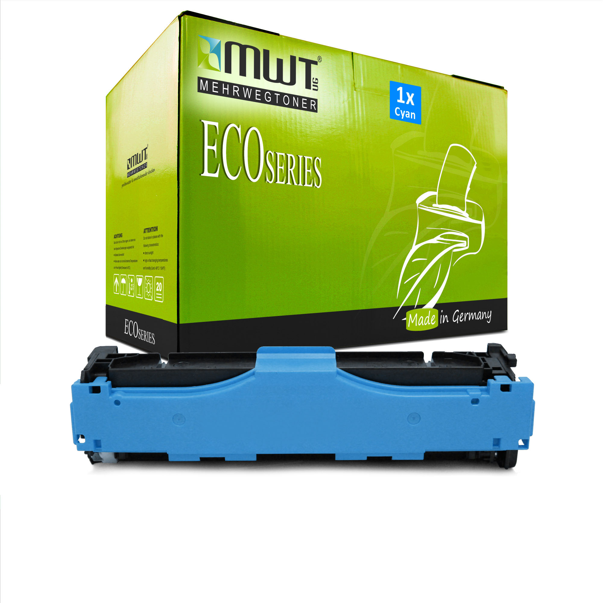 Eine Box mit einer cyanfarbenen Tintenpatrone. Die Box ist grün mit weißem Text 'ECO SERIES'.
