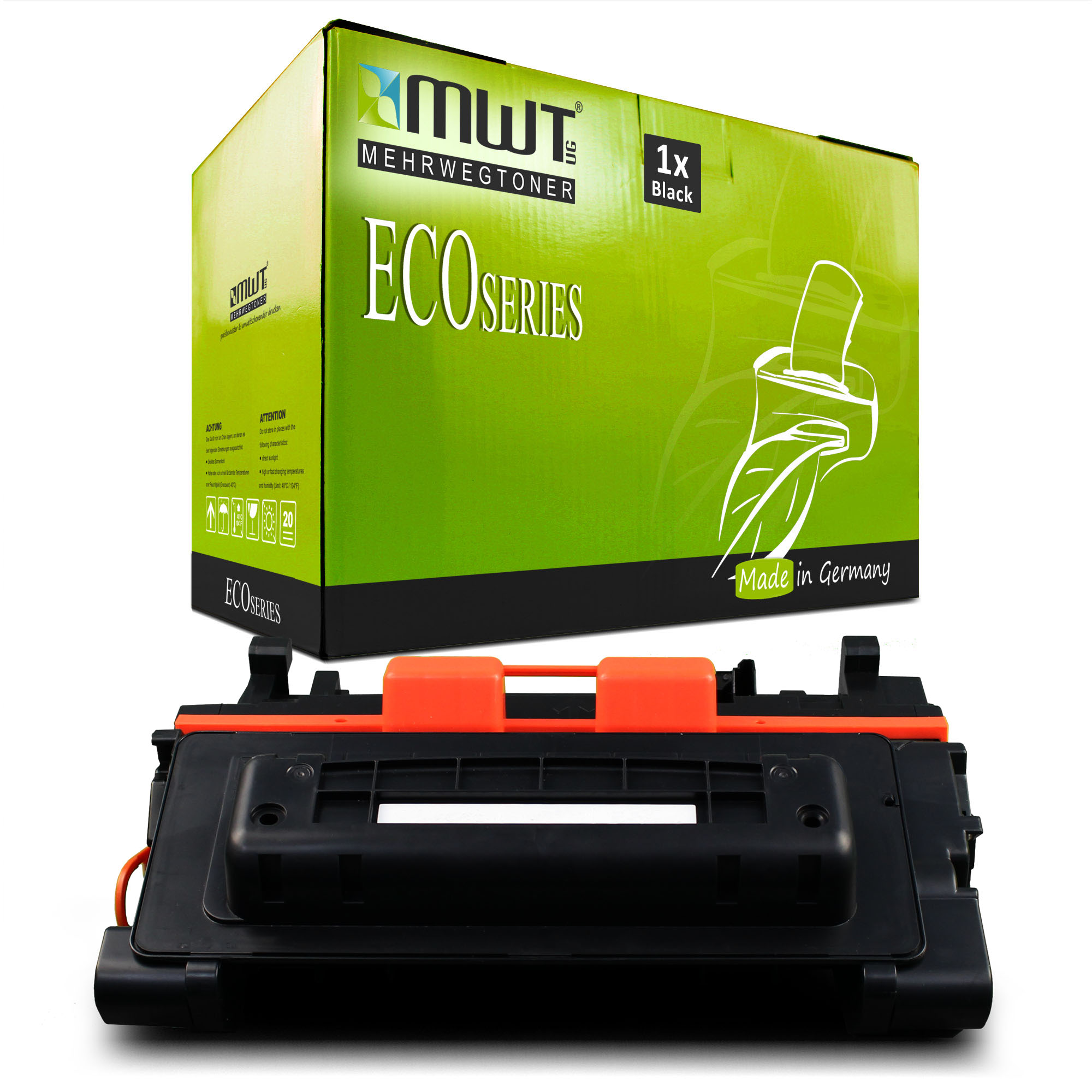 Schwarze Druckerkartusche mit Orange und einer grünen Box, Box liest 'ECOSERIES', weißer Hintergrund.