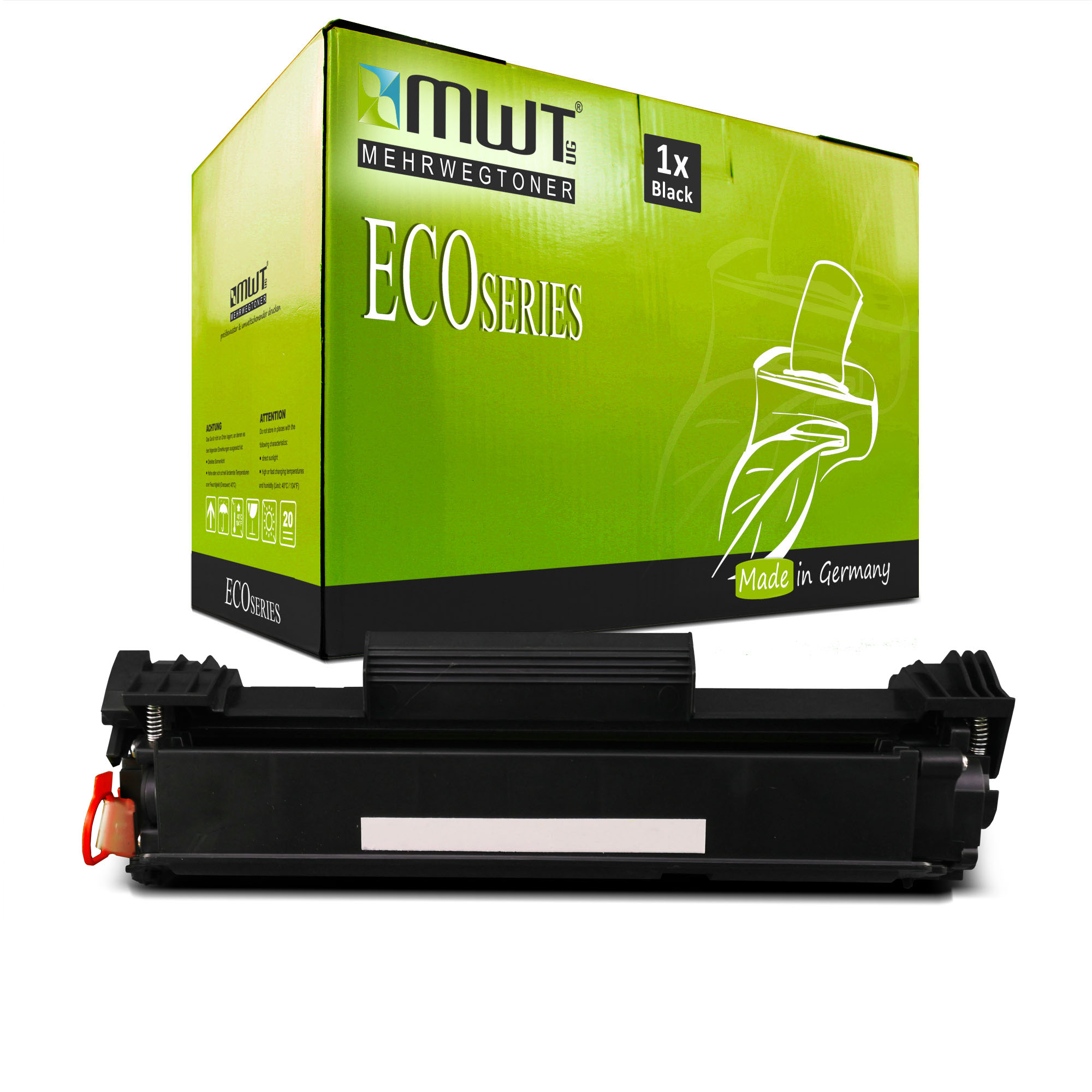 Schwarze Tonerkartusche und grüne Schachtel. Auf der Schachtel steht 'ECO SERIES' und 'Made in Germany'.