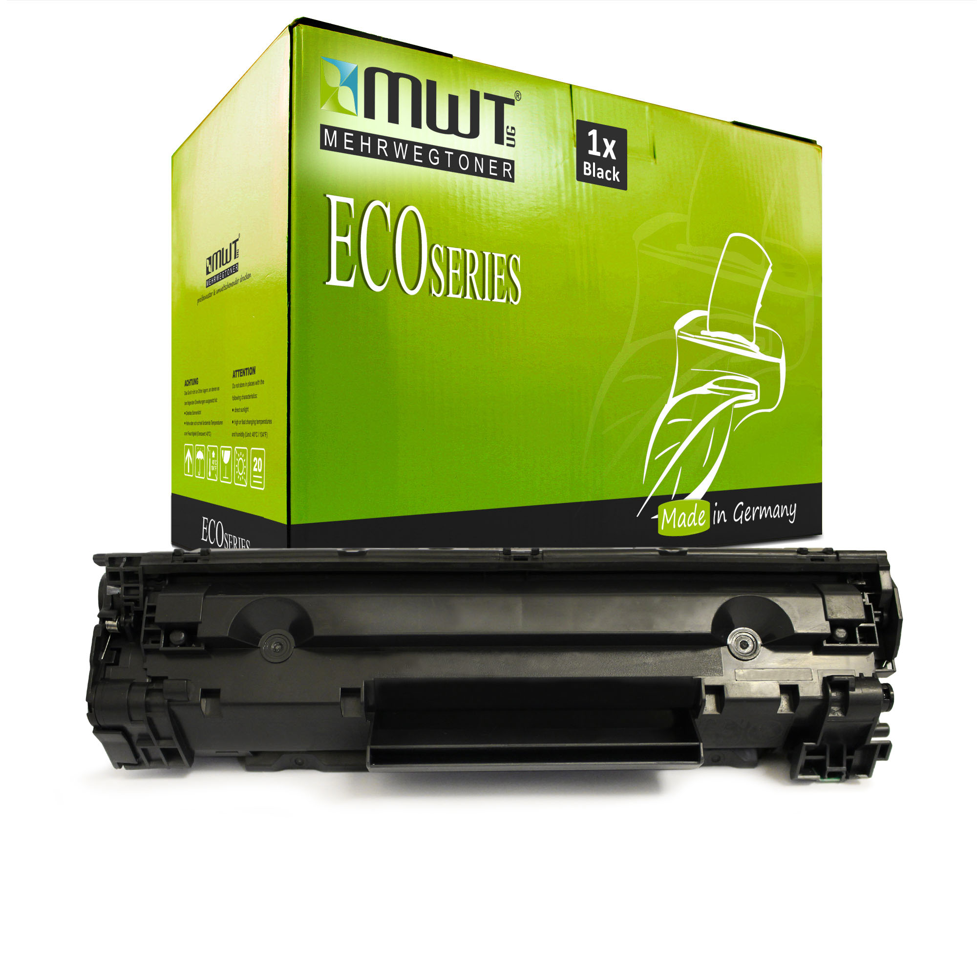 Schwarze Druckerkartusche mit grüner Box, Box liest 'ECOSERIES' und '1x Black', weißer Hintergrund.