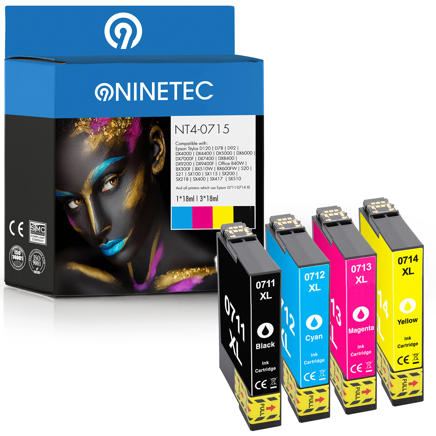 NINETEC 4er Set ersetzt T0711-T0714 Tintenpatronen yellow (C T 13 Epson magenta, black, 07154010) cyan