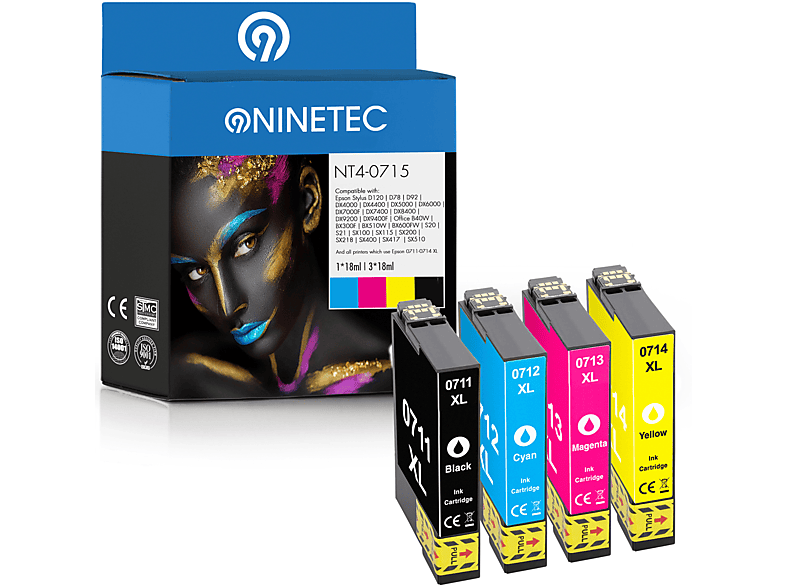 NINETEC 4er Set Tintenpatronen T cyan, 13 Epson black, 07154010) yellow magenta, ersetzt T0711-T0714 (C