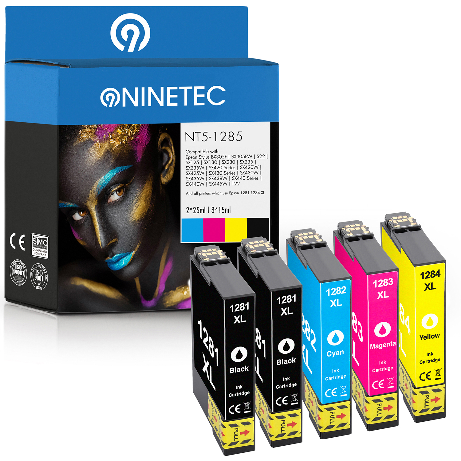 NINETEC 5er Set ersetzt magenta, 13 Tintenpatronen T1281-T1284 black, yellow cyan, T Epson (C 12854010)